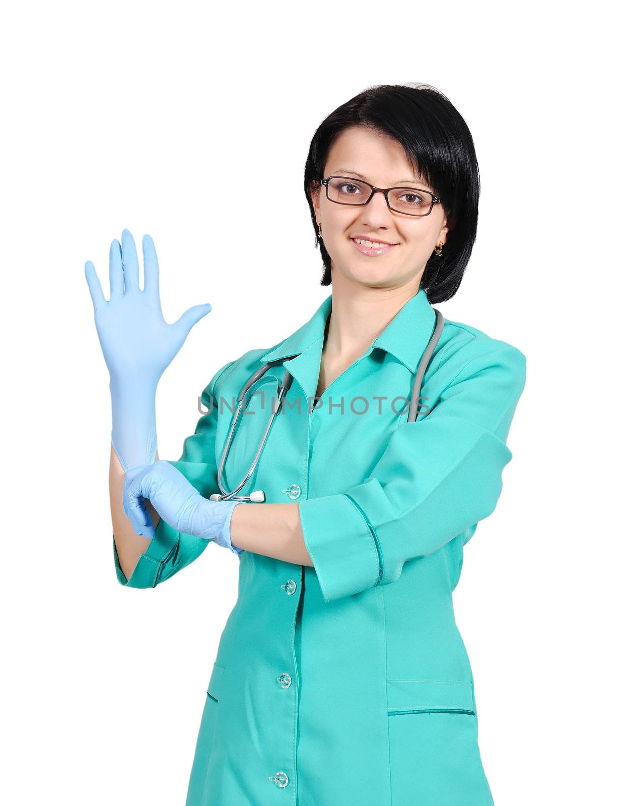 young female doctor wears a glove