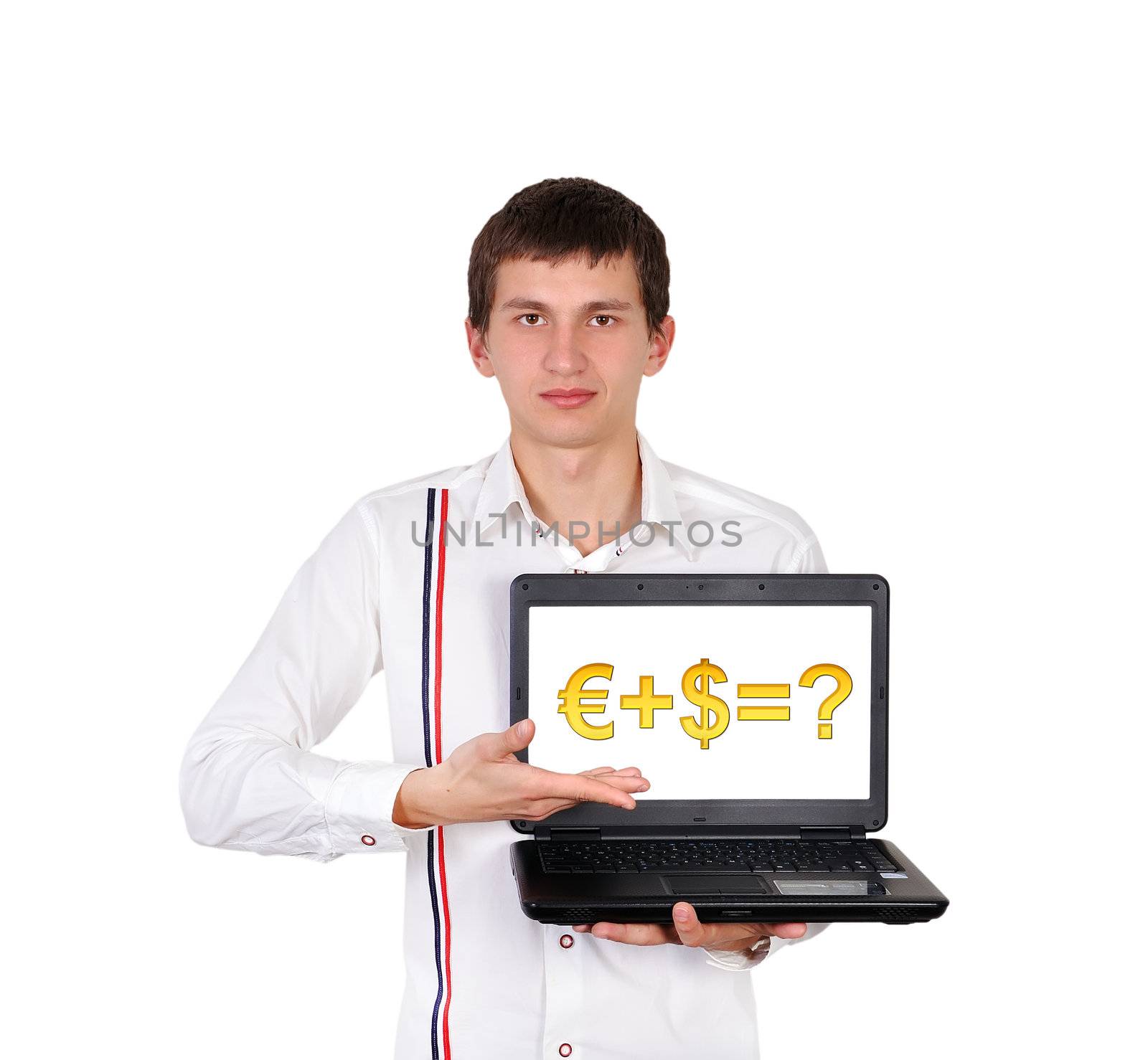 man holding laptop with money formula