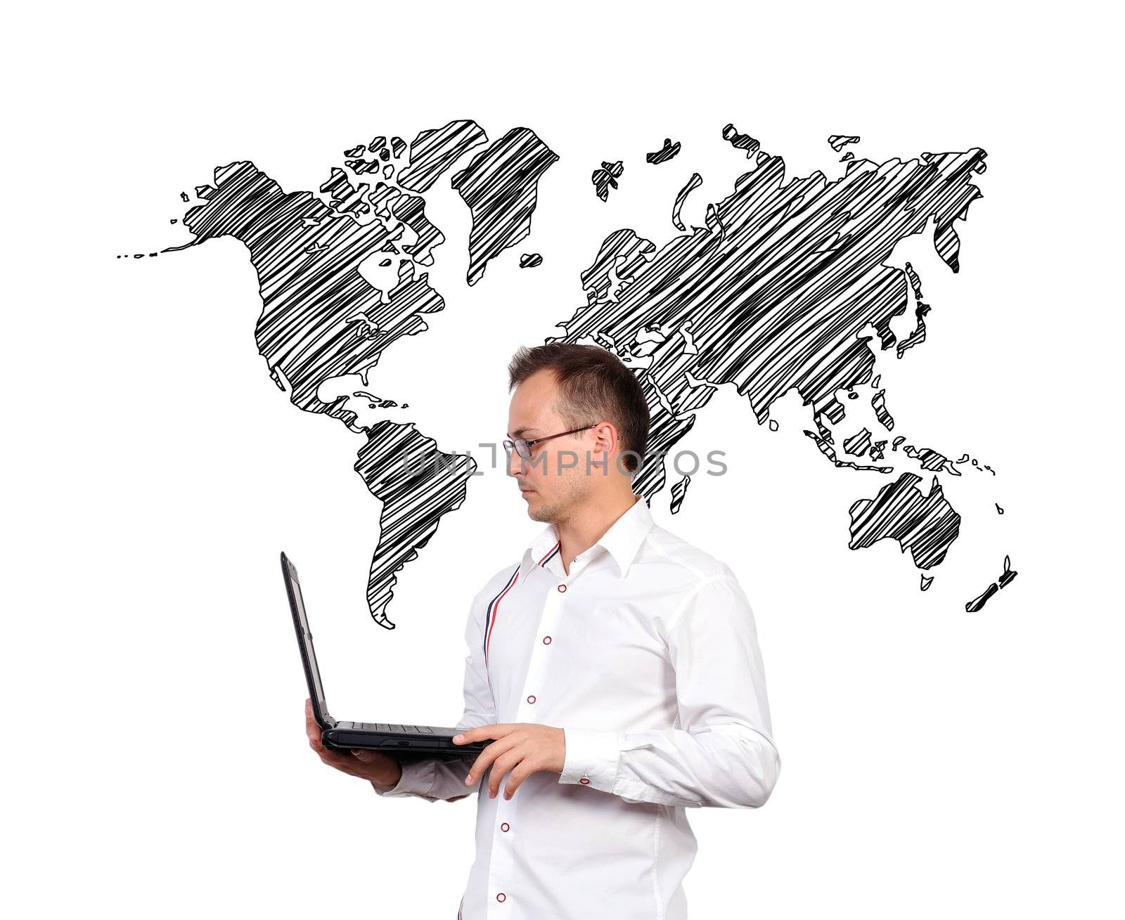 Businessman holding a laptop and world map background