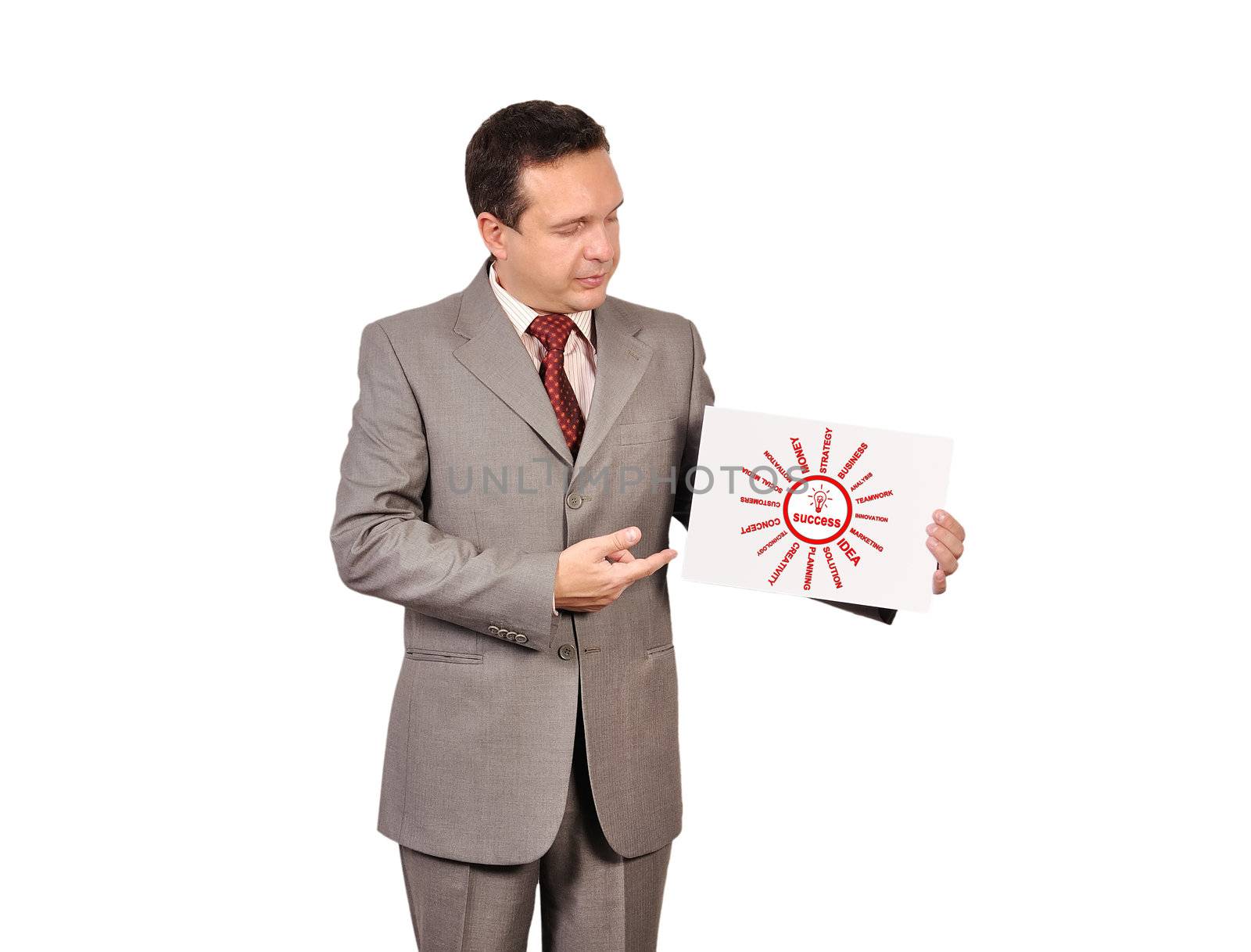 businessman holding poster with success
