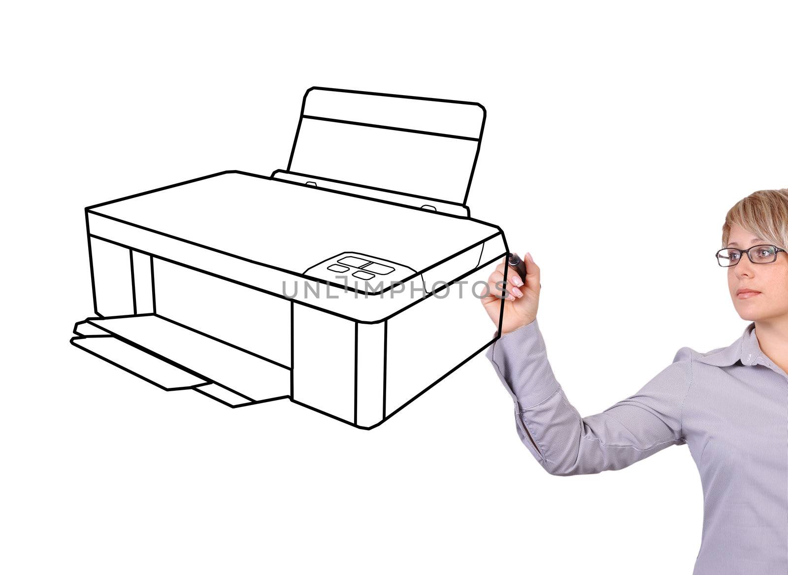 woman drawing printer on a white background