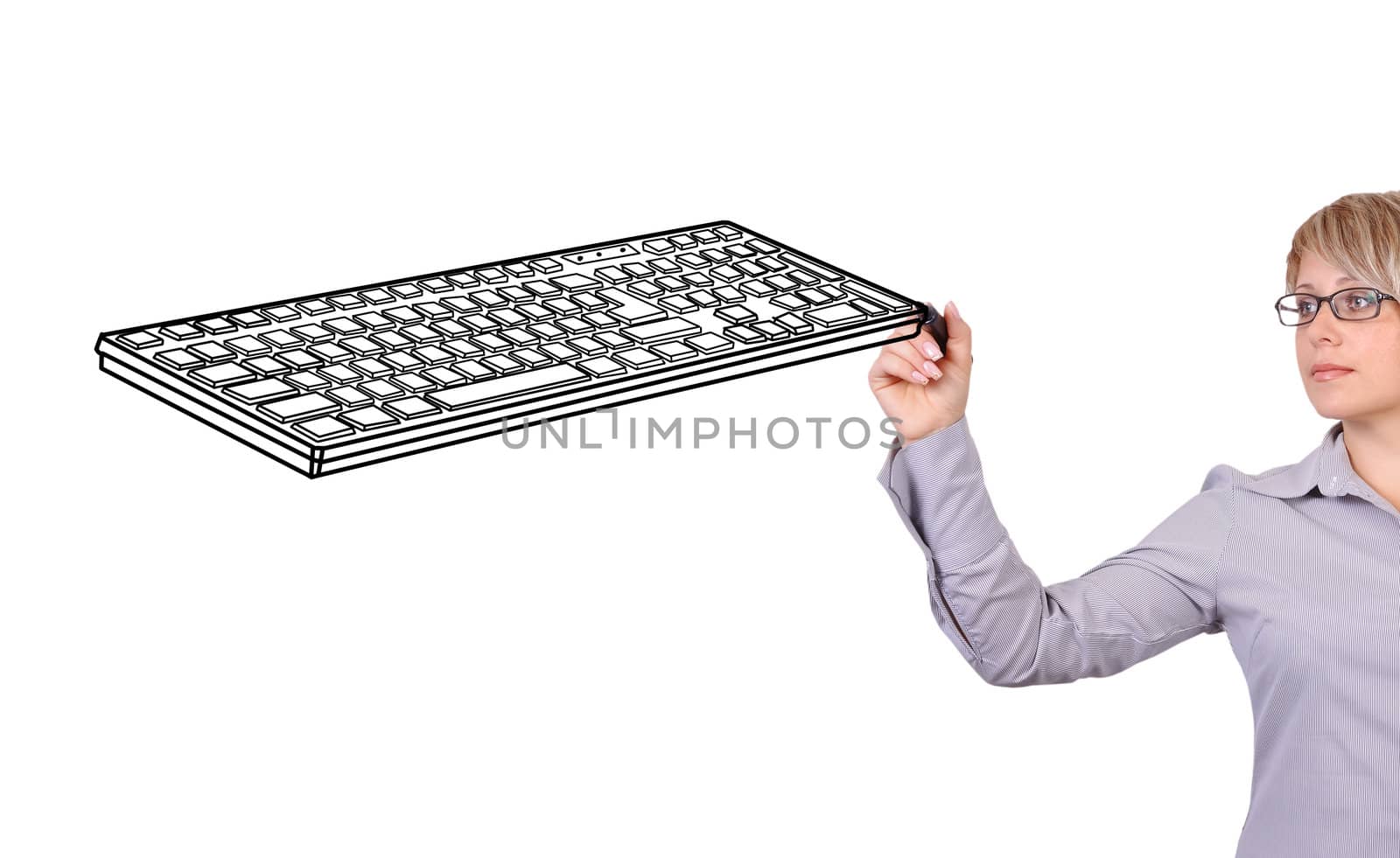 businesswoman drawing keyboard on white background