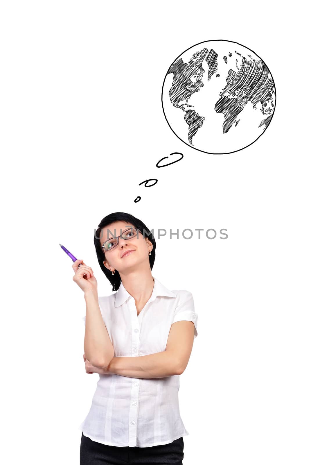 businesswoman thinks about earth on white background