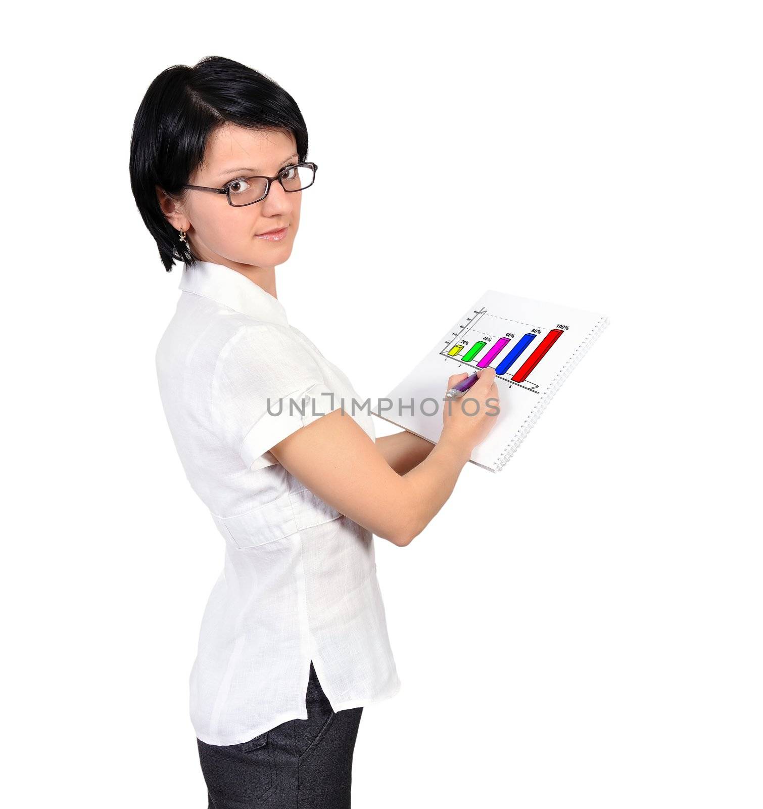 businesswoman drawing on poster with chart profits