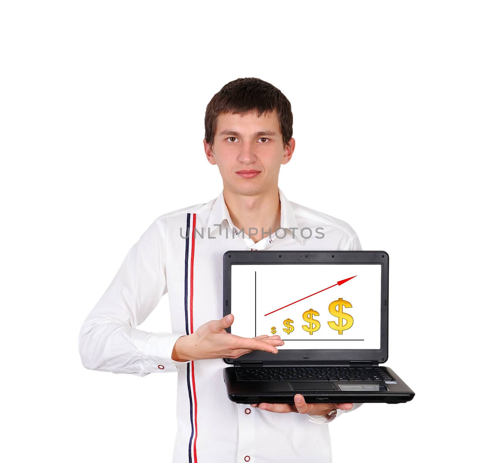 boy with laptop in hand points to growth dollar