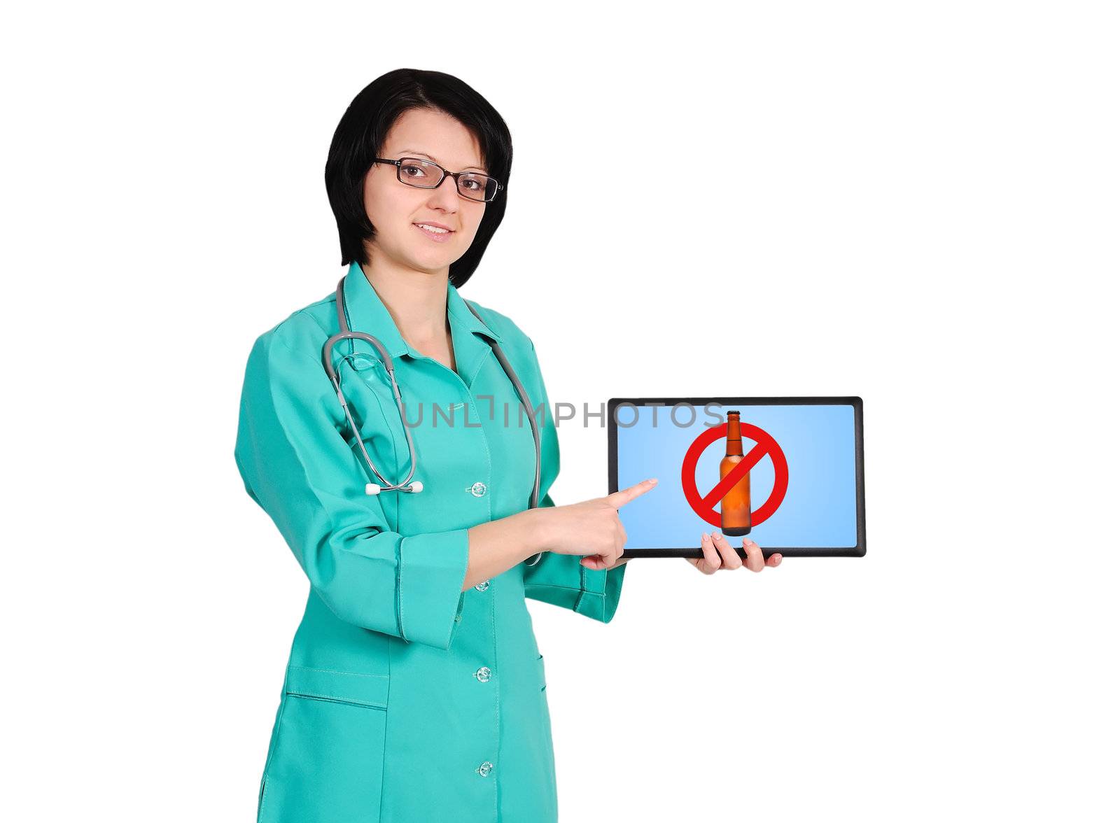 female doctor with touchpad and  stop alcohol symbol