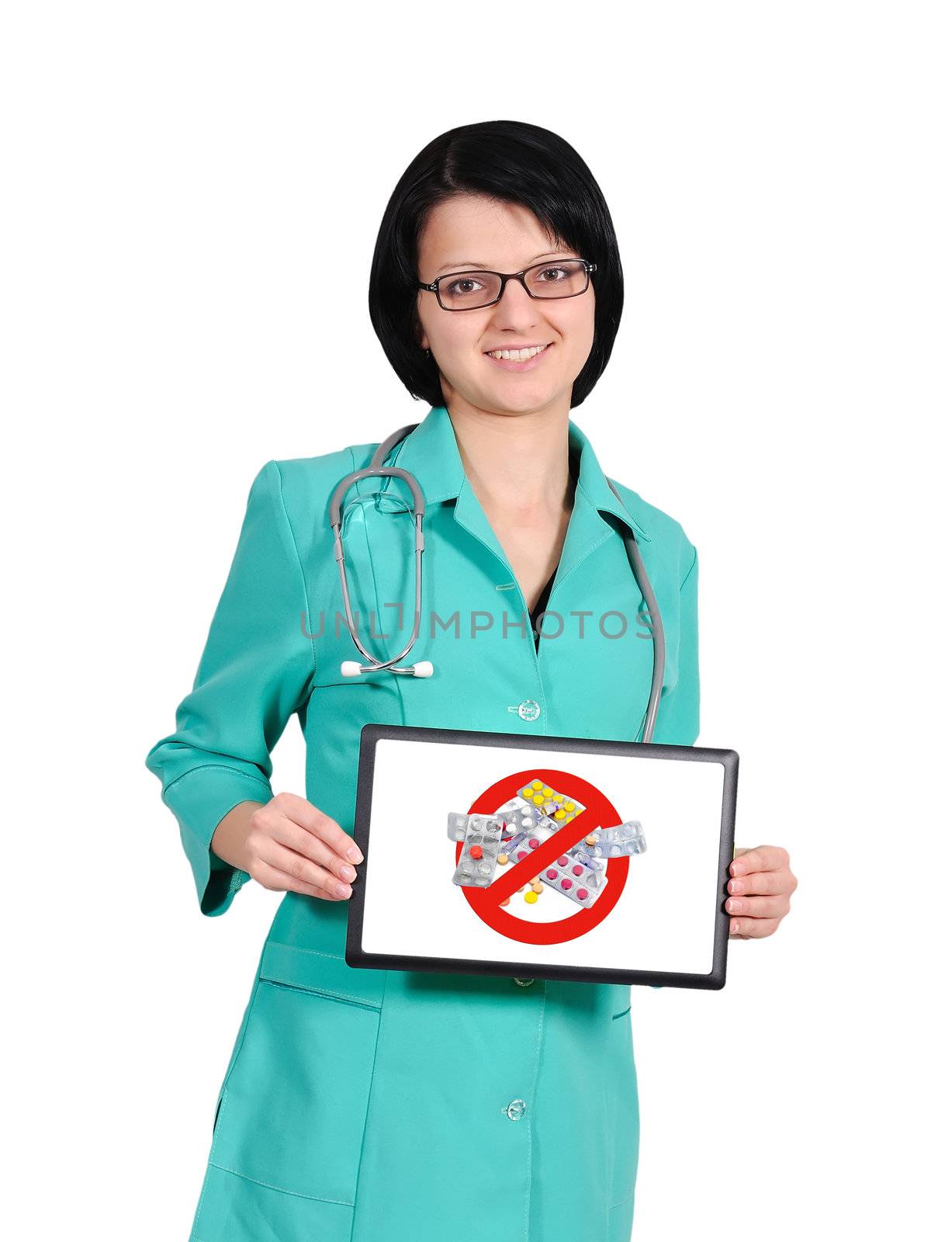 female doctor with touchpad and  stop drugs symbol