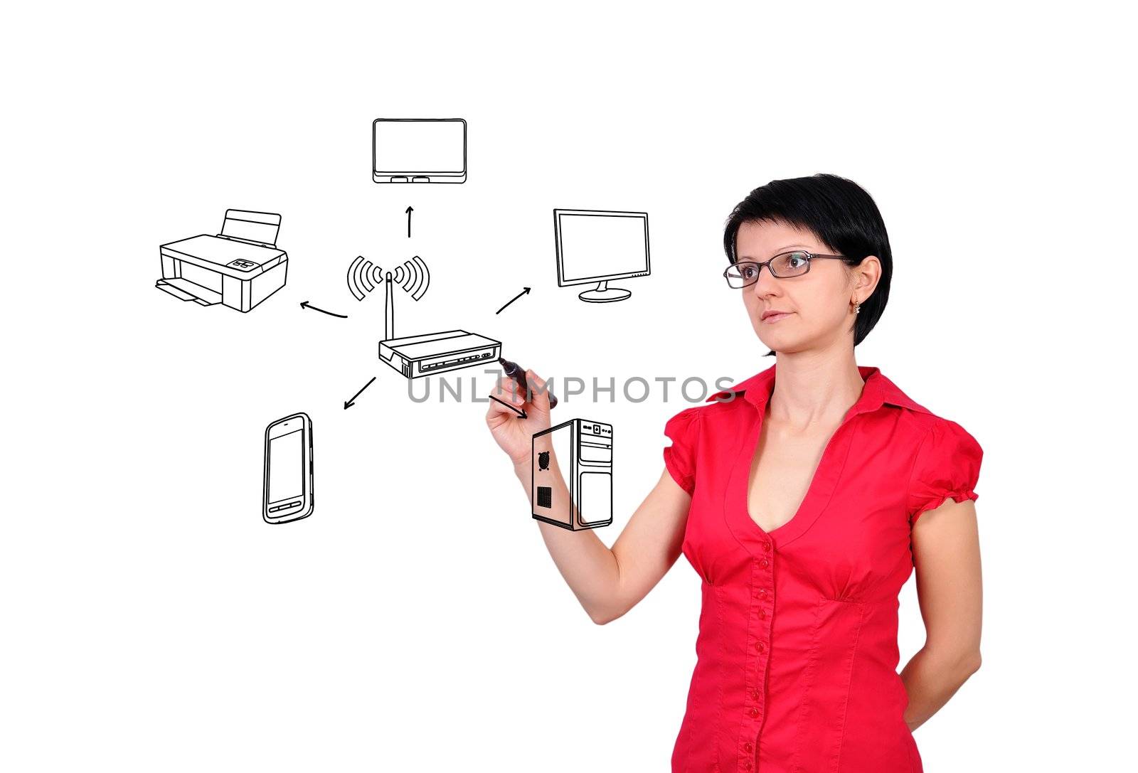 woman drawing scheme wi-fi concept