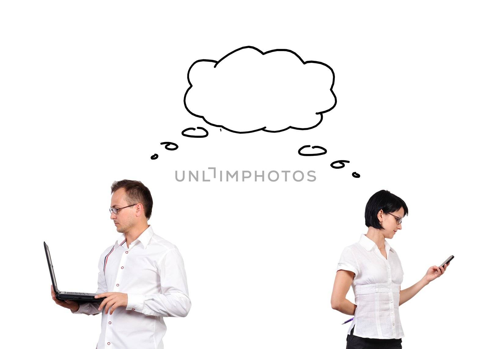 young woman and men dreaming on white background