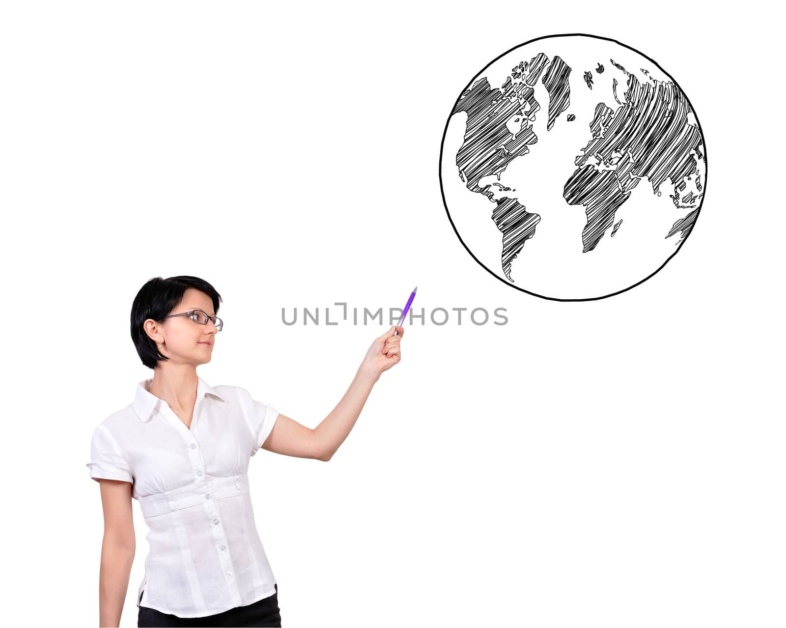 businesswoman pointing at earth on a white background