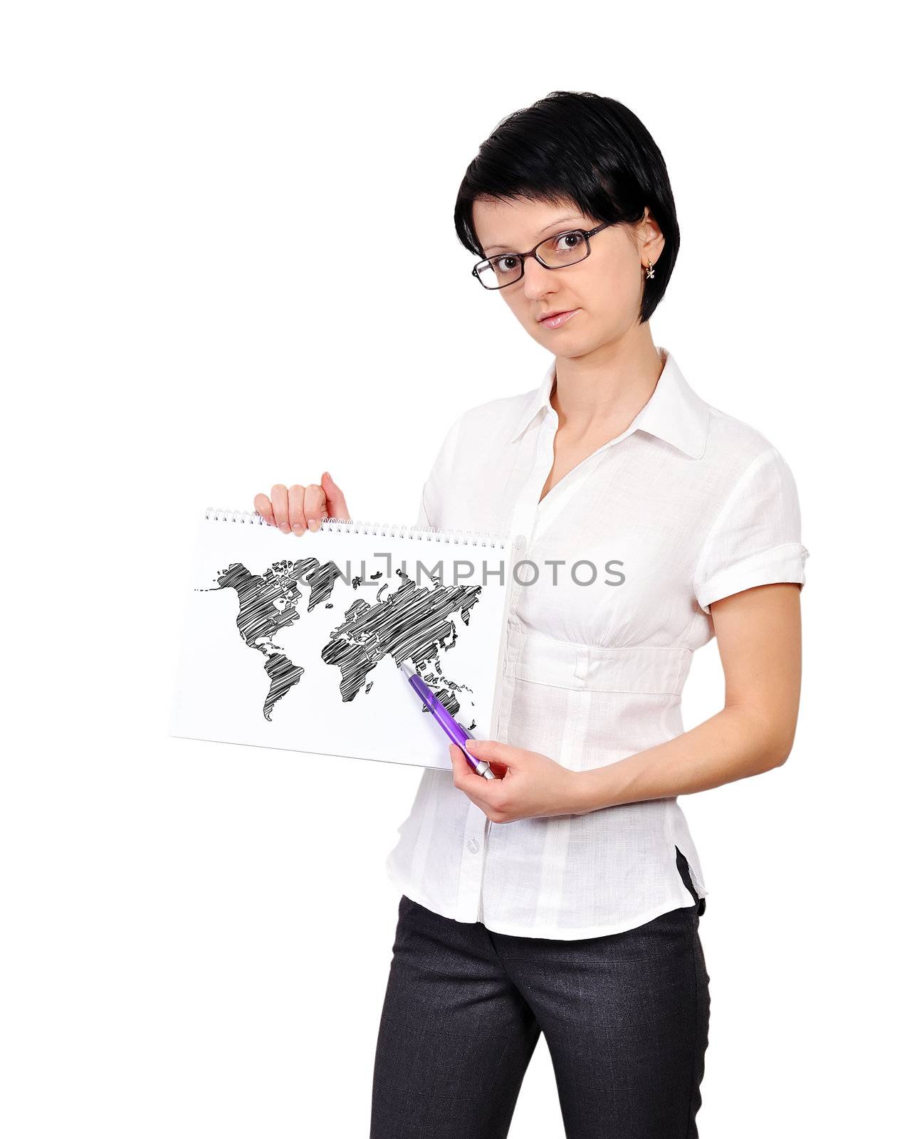 businesswoman holding poster with wopld map