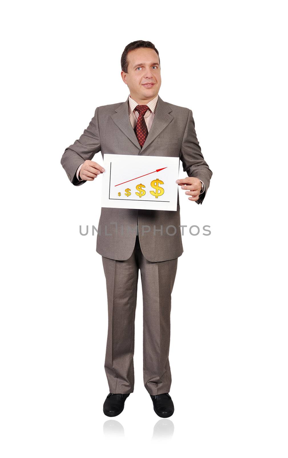 businessman holding  placard with rising dollar