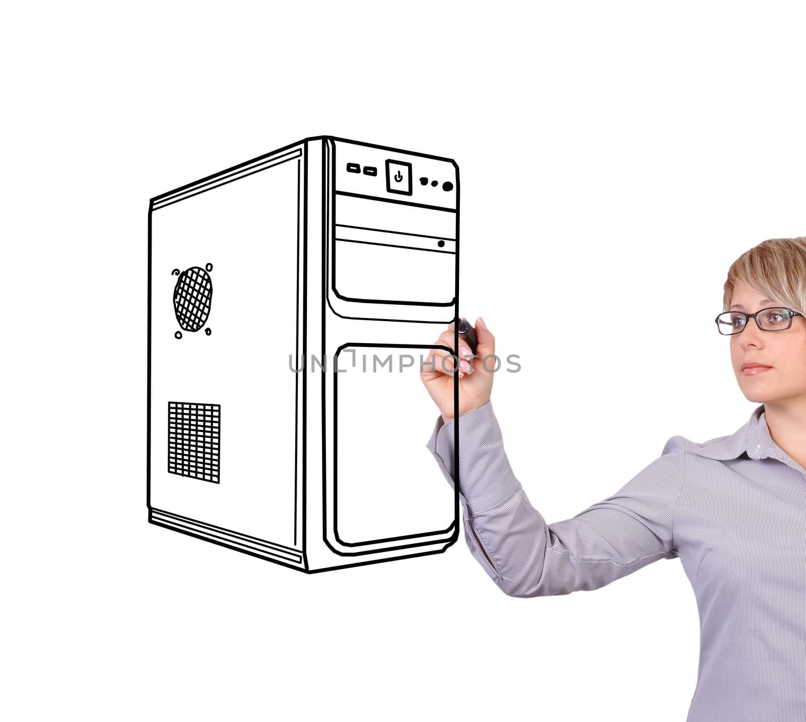 woman drawing computer system unit on a white background
