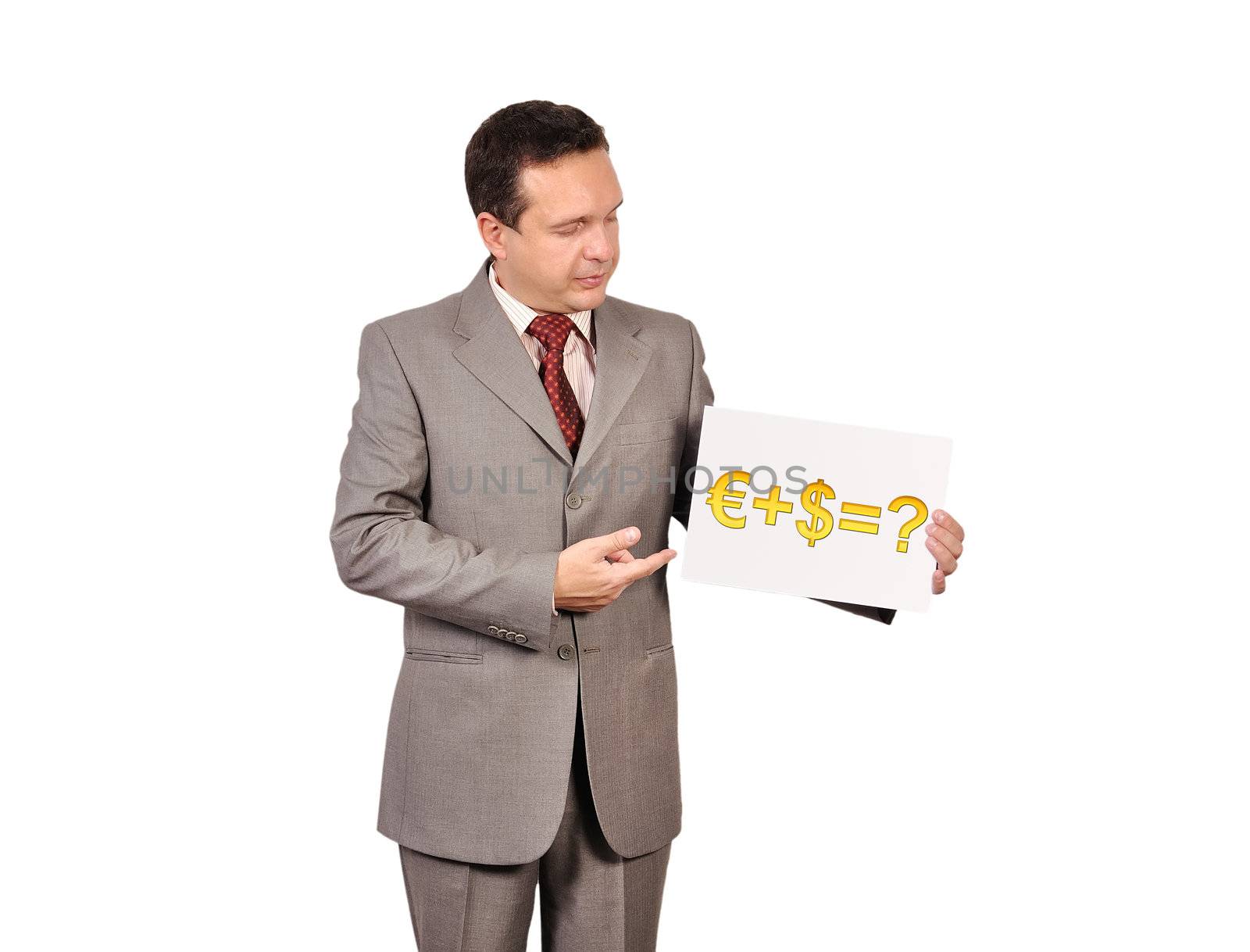 businessman holding a placard with  formula money