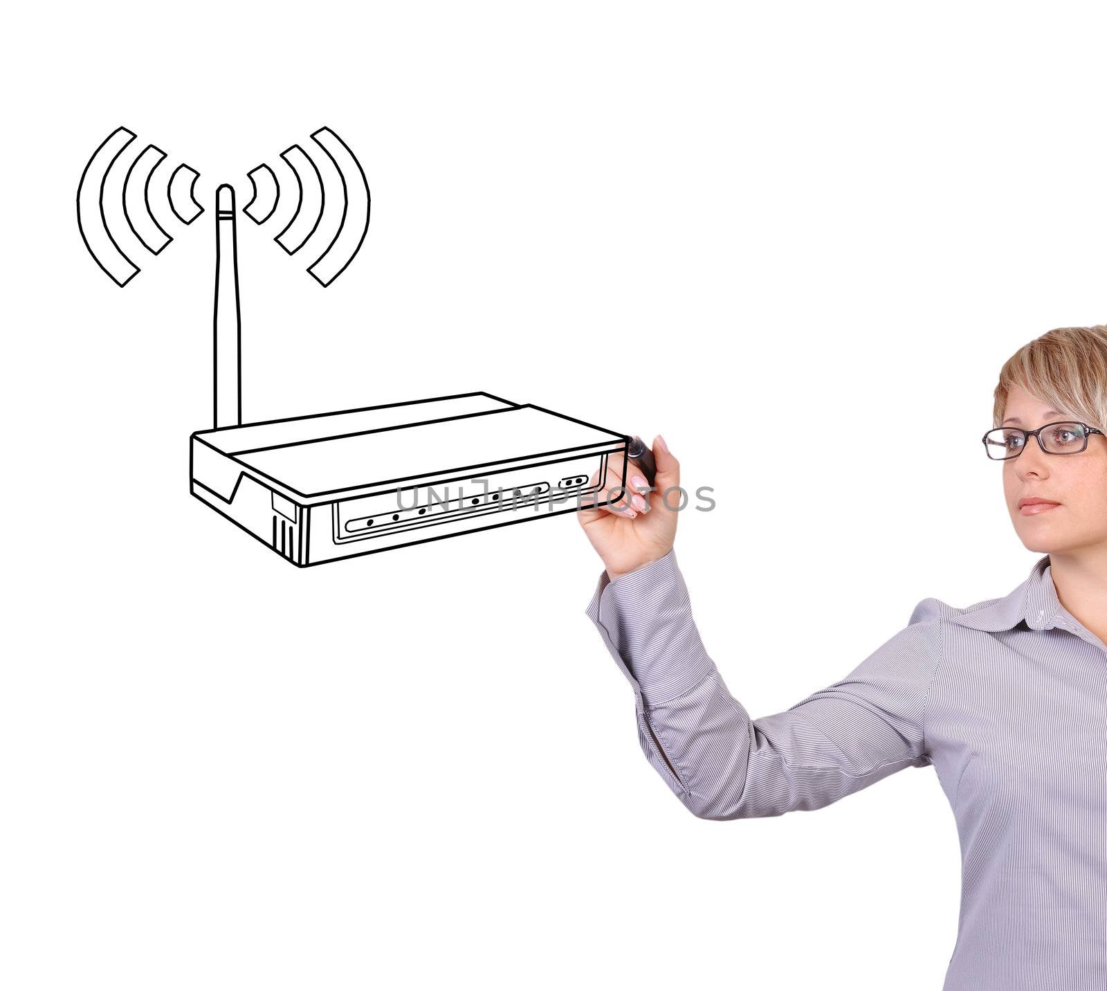 woman drawing router on a white background