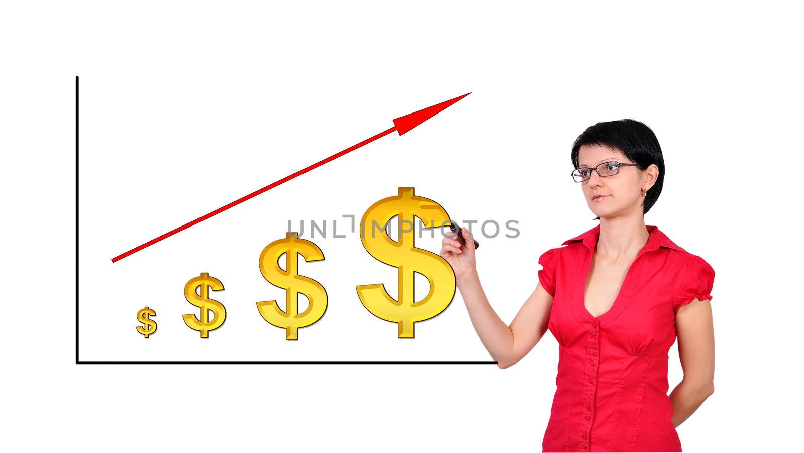 woman darwing growth dollar  on white background
