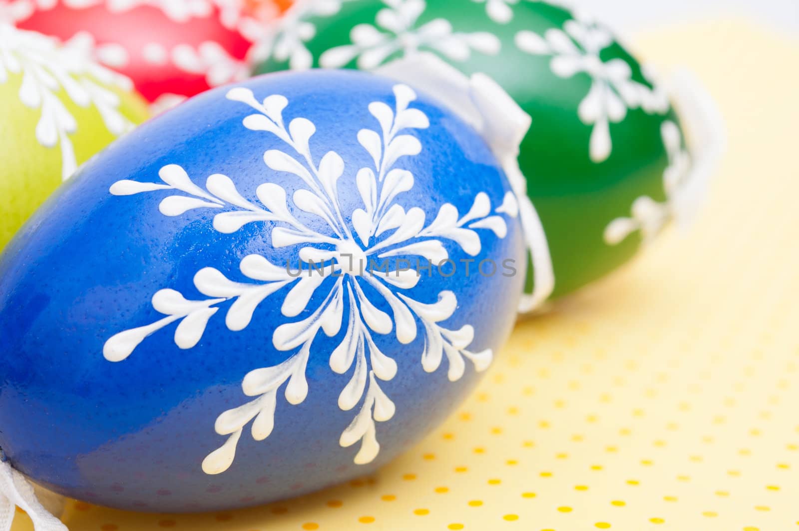 Closeup of Traditional Homemade Color Painted Easter Eggs - Shallow Depth of Field