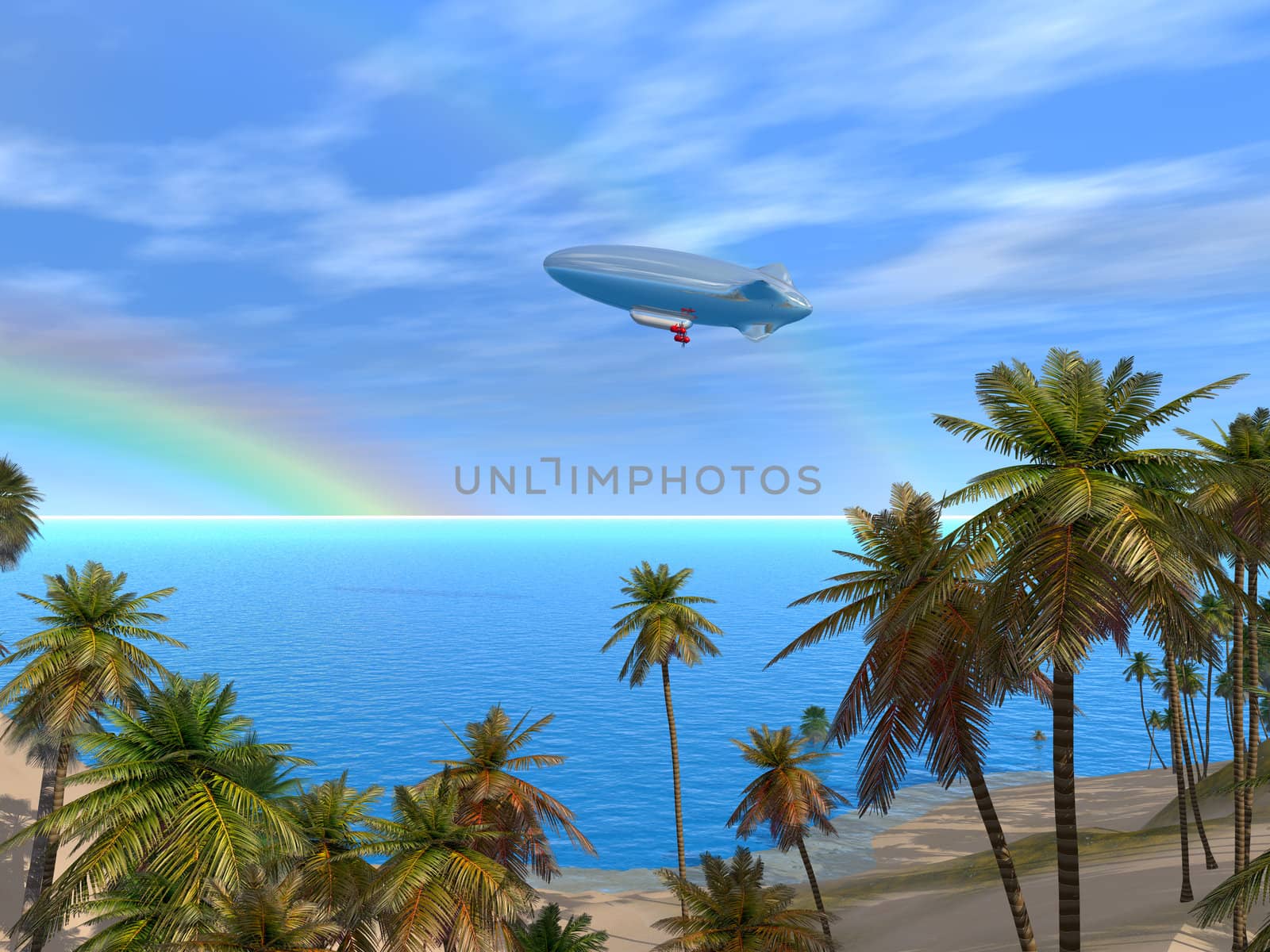 A beautiful caribbean lagoon with boat and rainbow