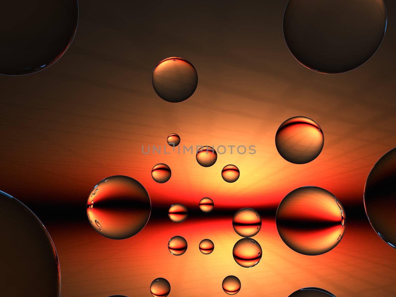 Crystal orbs on an sun setting evening horizon grid. A concept of a future view maturing or ending.