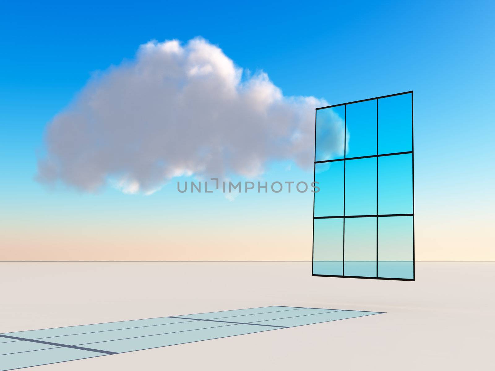 Abstract business or technology concept for future trend or forecasting using a cloud floating by window over a simple bright horizon