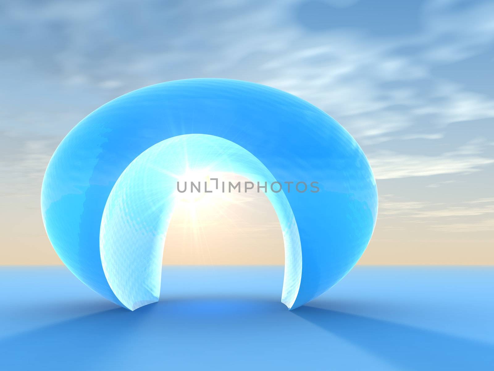 A surreal crystal blue doorway arch on a lighted horizon. Abstract concept of hope for a perfect opportunity.