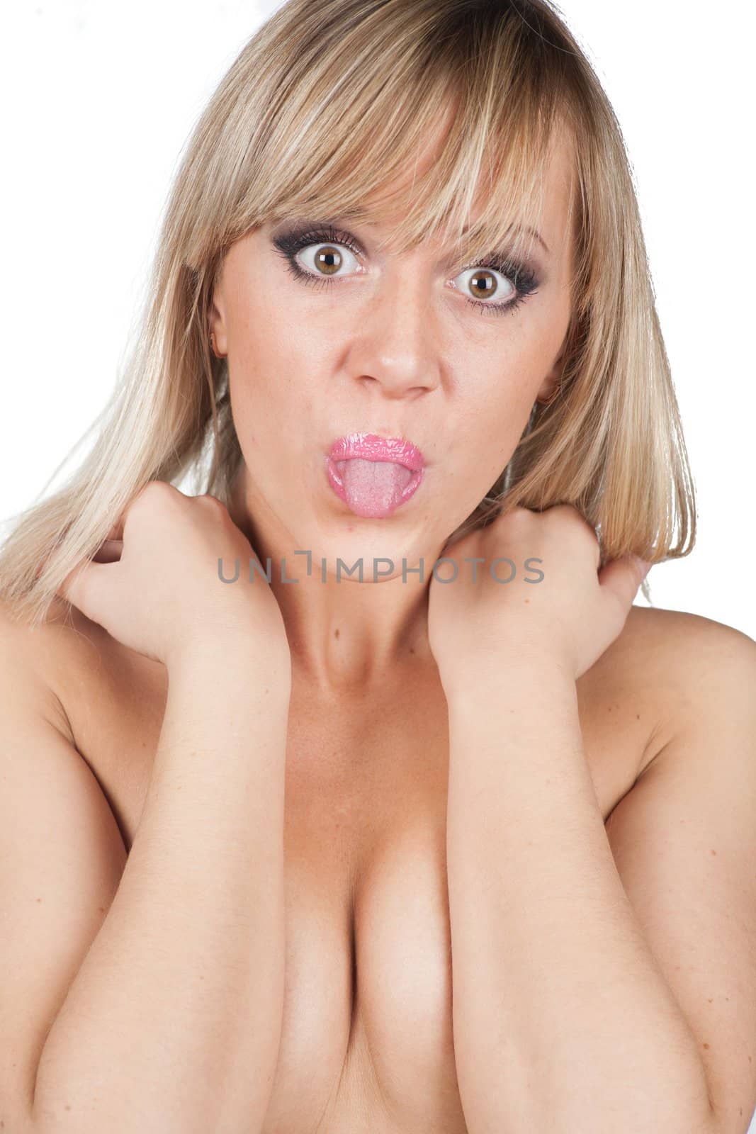 Woman making a funny face known isolated on white