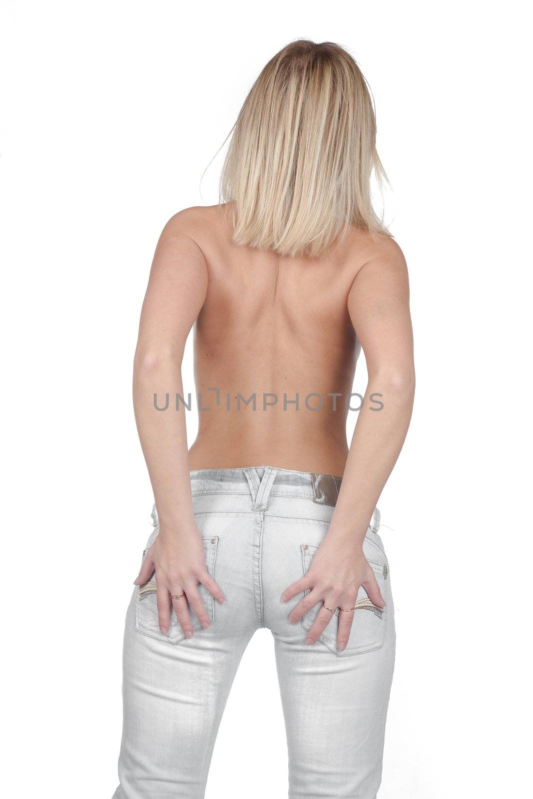 Sexy Female blonde topless wearing jeans From the Back