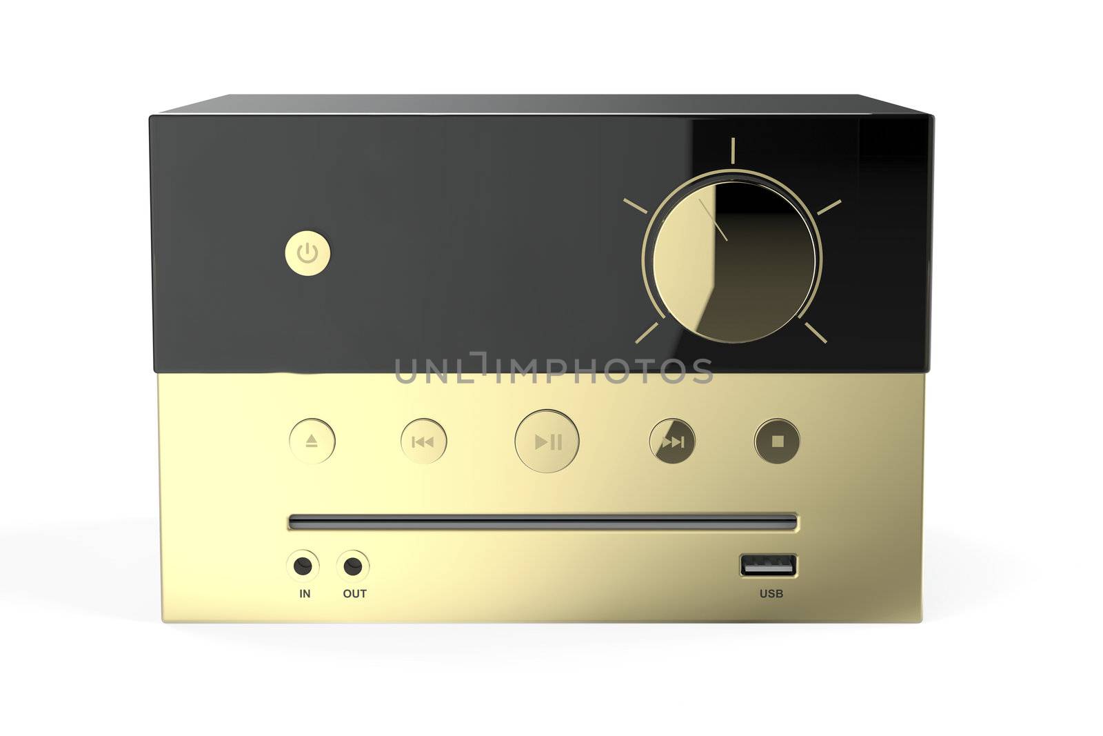 Front view of golden mini audio system