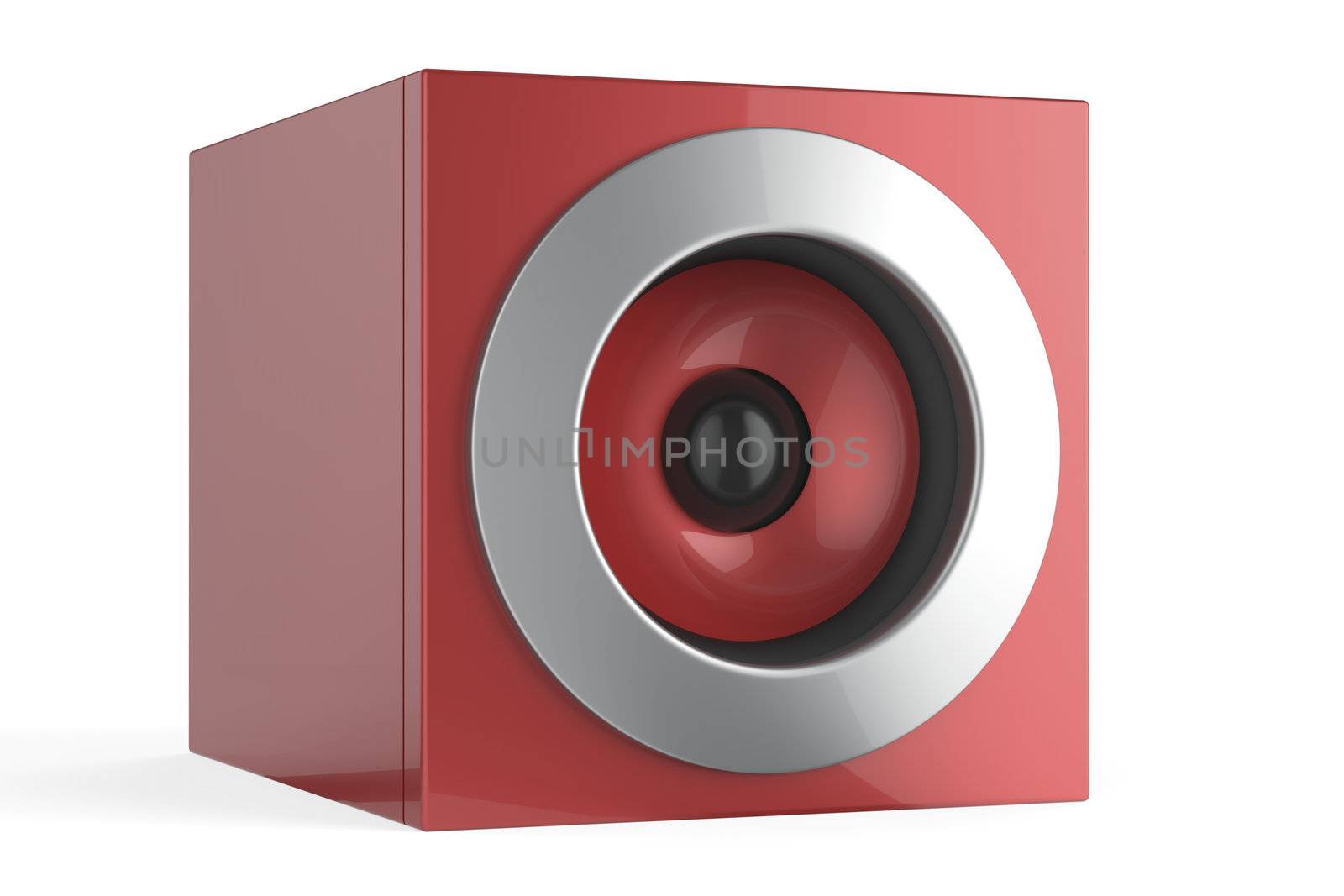 Modern red audio speaker on white background