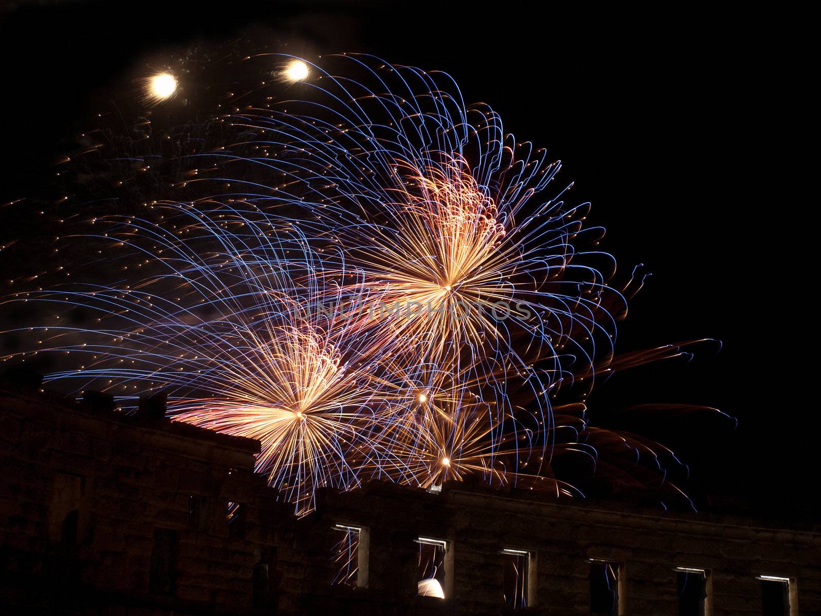 fireworks over ancient amphitheater, Pula, Croatia