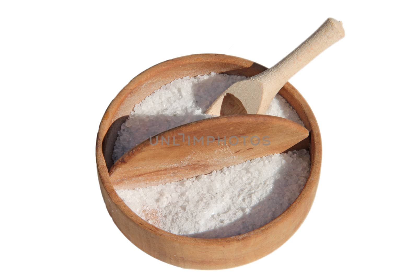 Salt-holder with wooden salt spoon white background