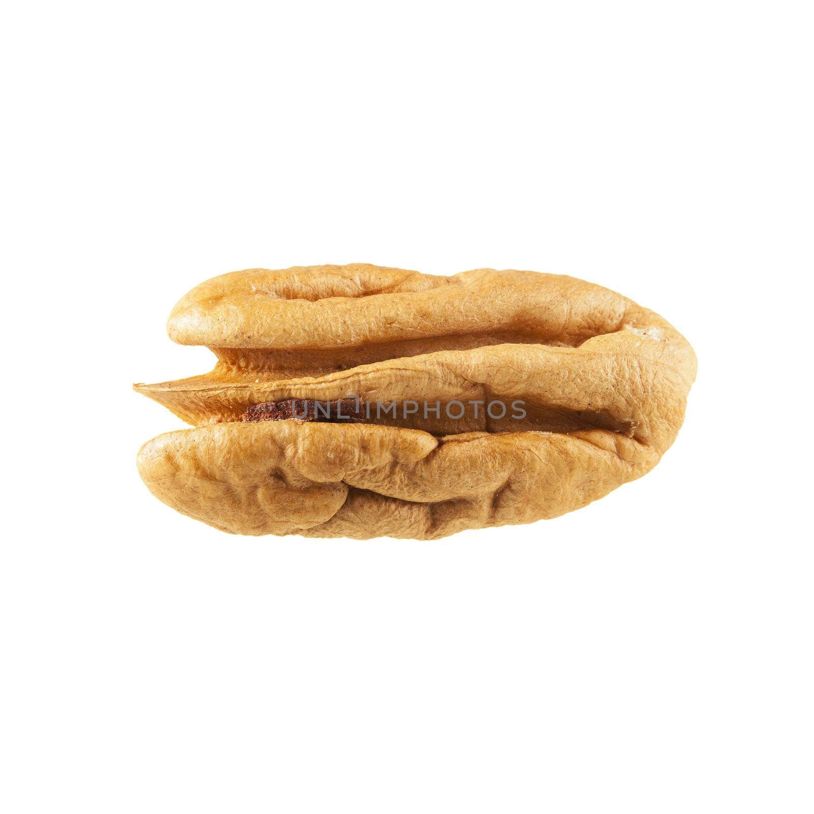 Shelled pecan isolated on white background.