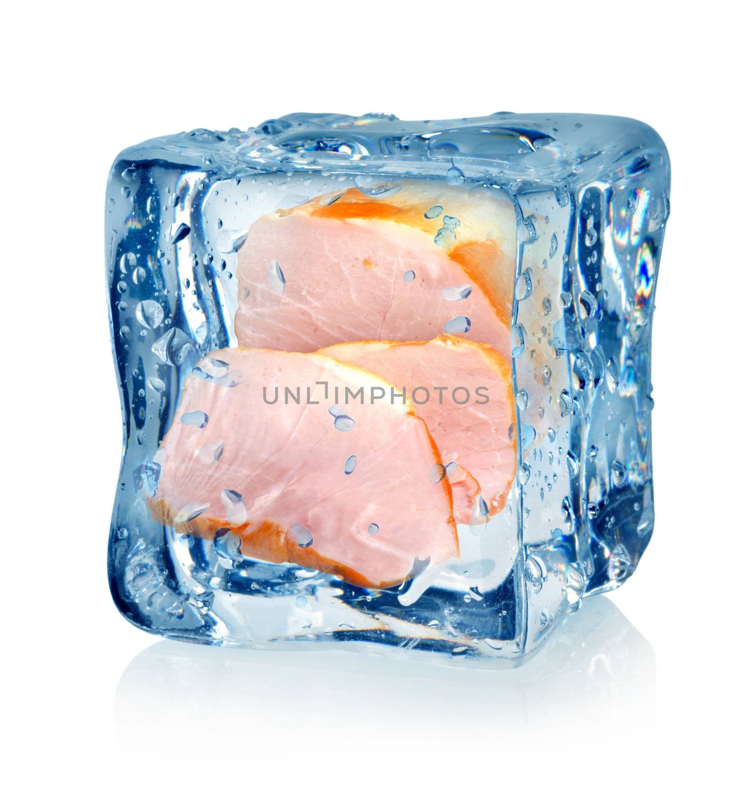 Ice cube and bacon isolated on a white background