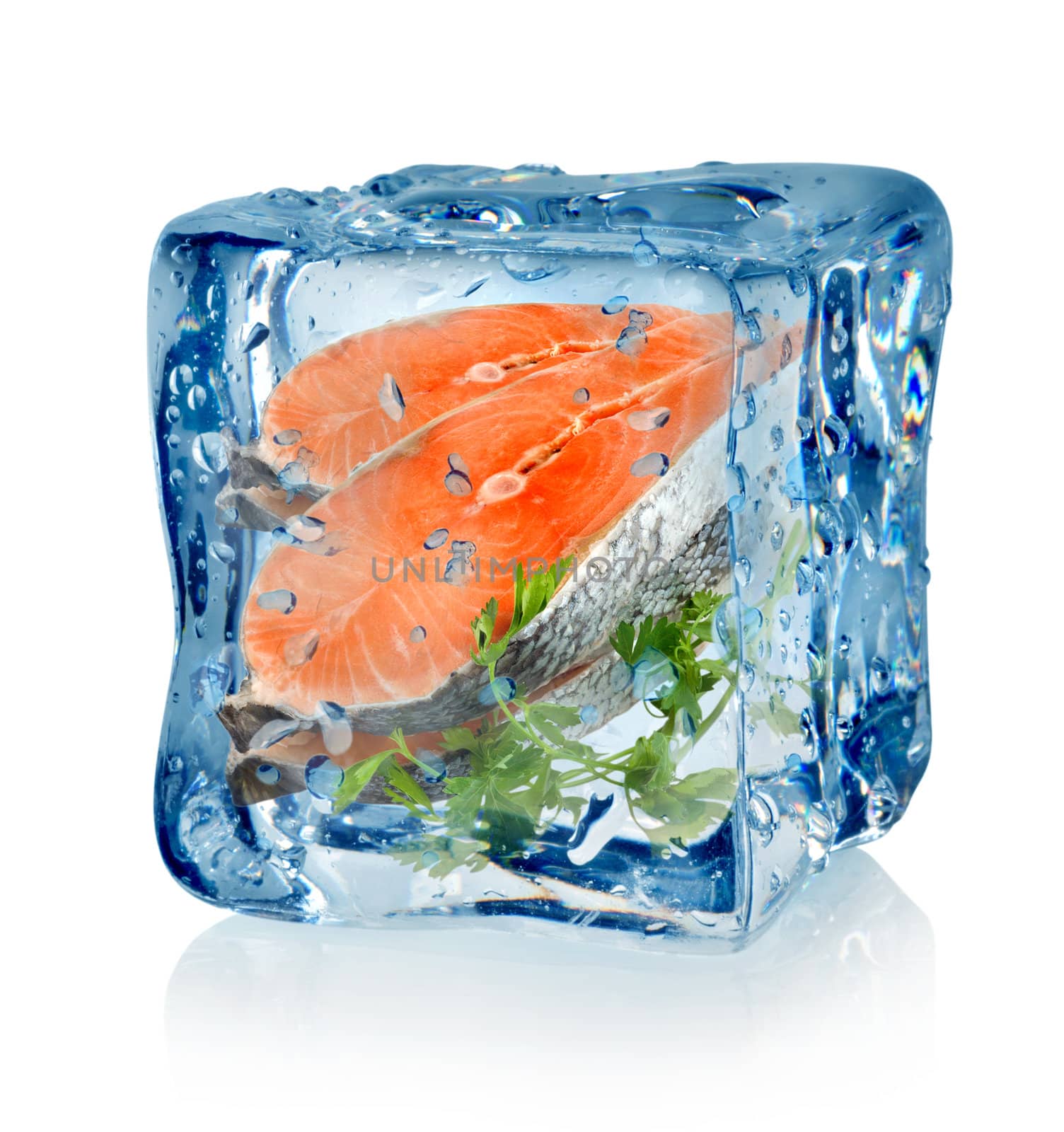 Ice cube and fish with parsley isolated on a white background