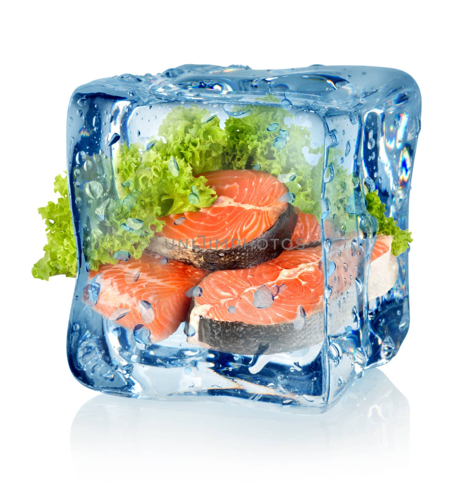Ice cube and salmon isolated on a white background