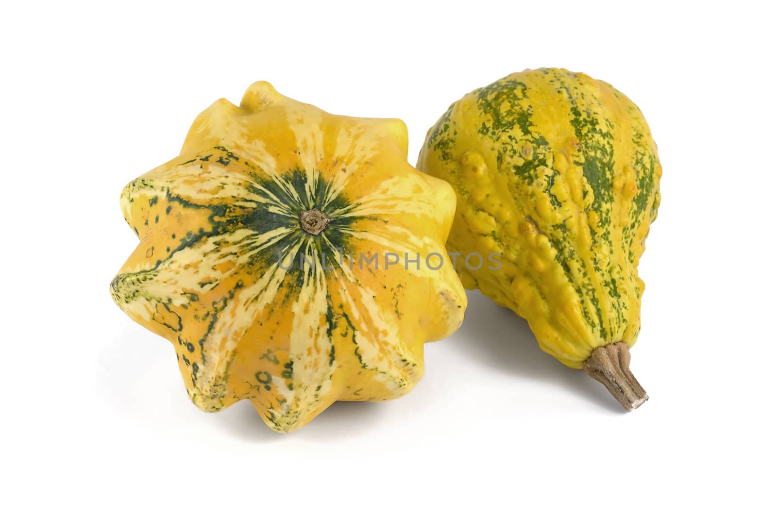 Two yellow ornamental pumpkins over white background.