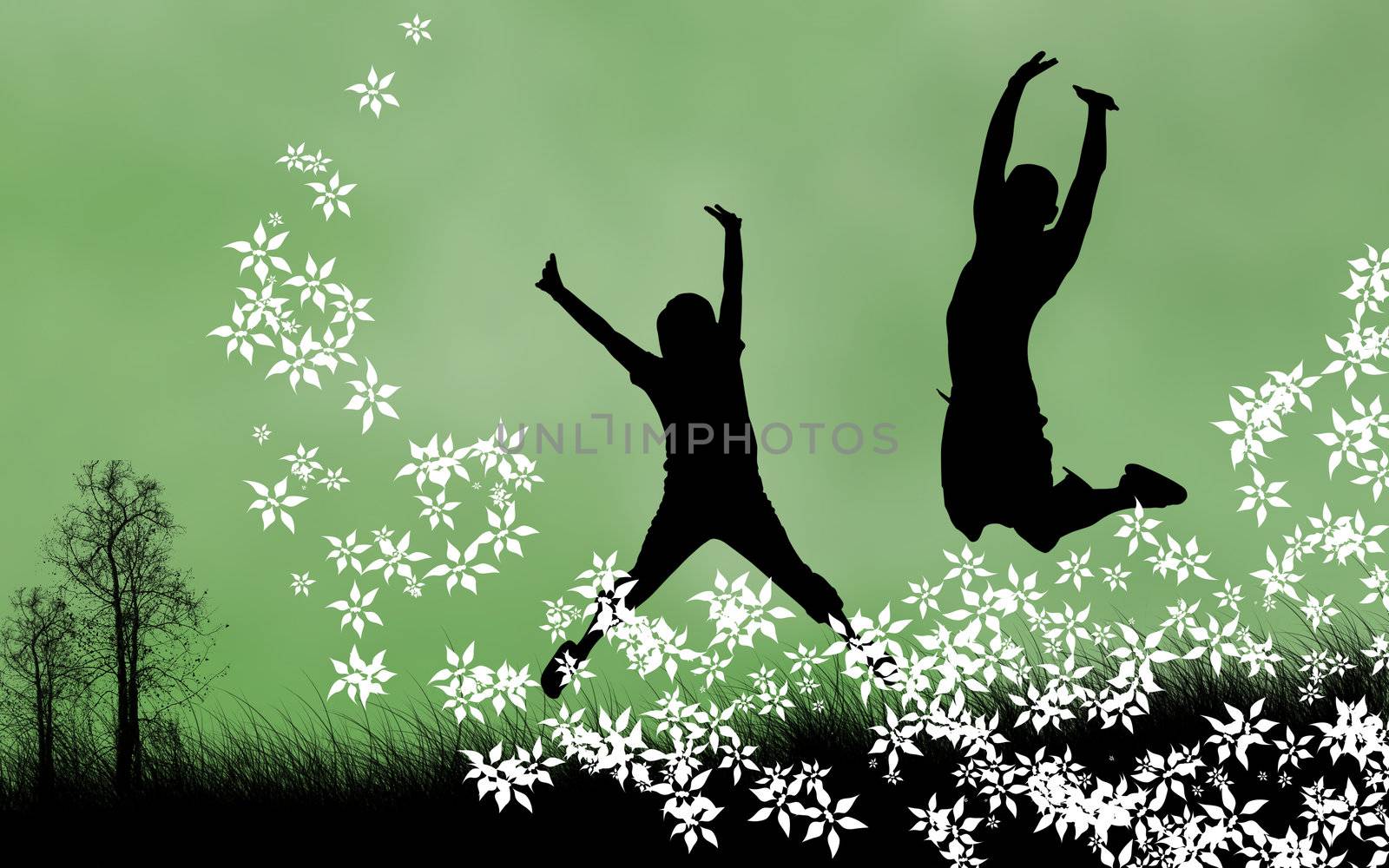 Spring concept illustration. Two silhouettes jumping for joy. Copy-space.