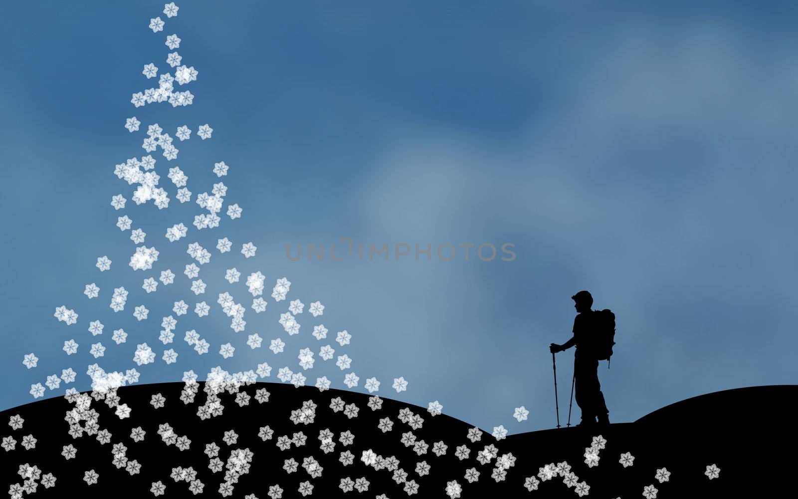 Winter concept illustration. Falling snowflakes forming a christmas tree shape and a man silhouette walking or skiing in the background. Plenty of copy-space.