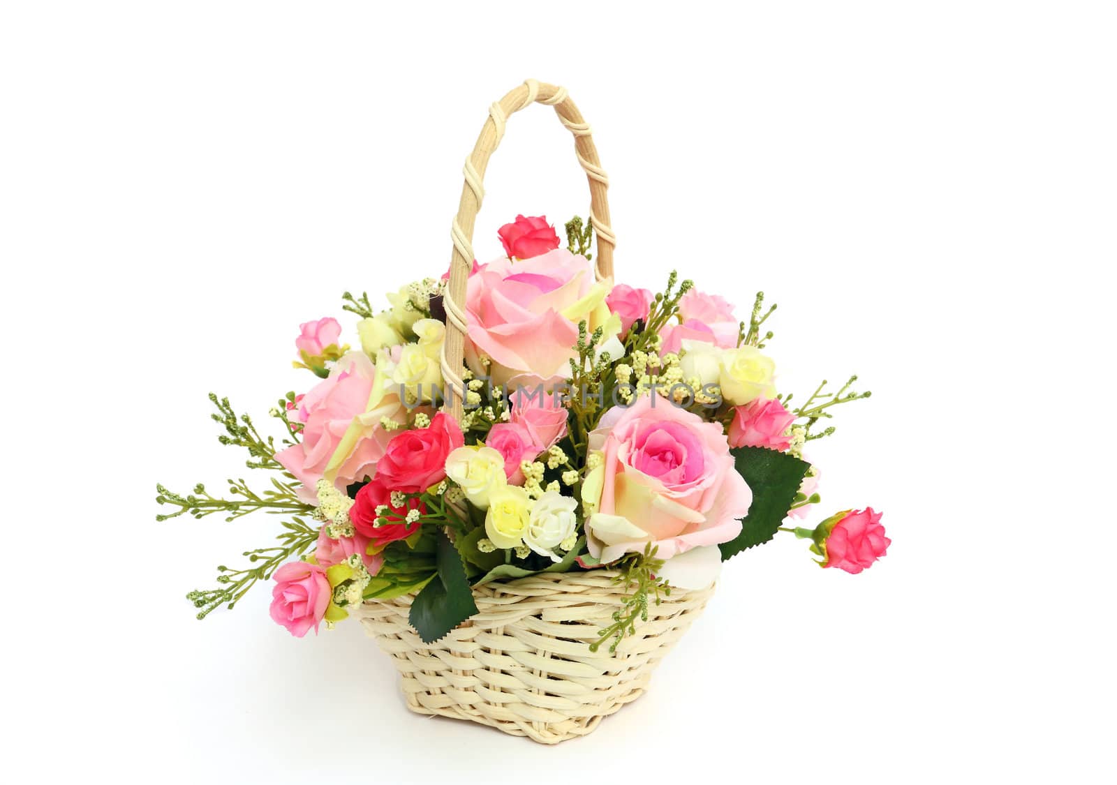 Beautiful roses in a white basket isolated on white background