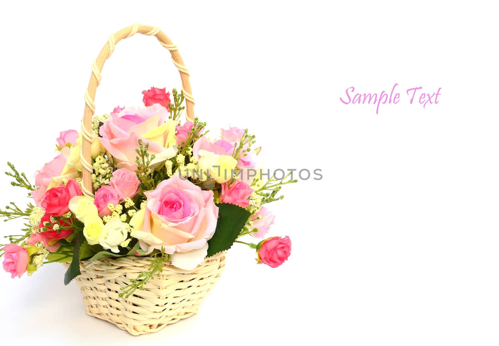 Bouquet of roses in white basket with space for text