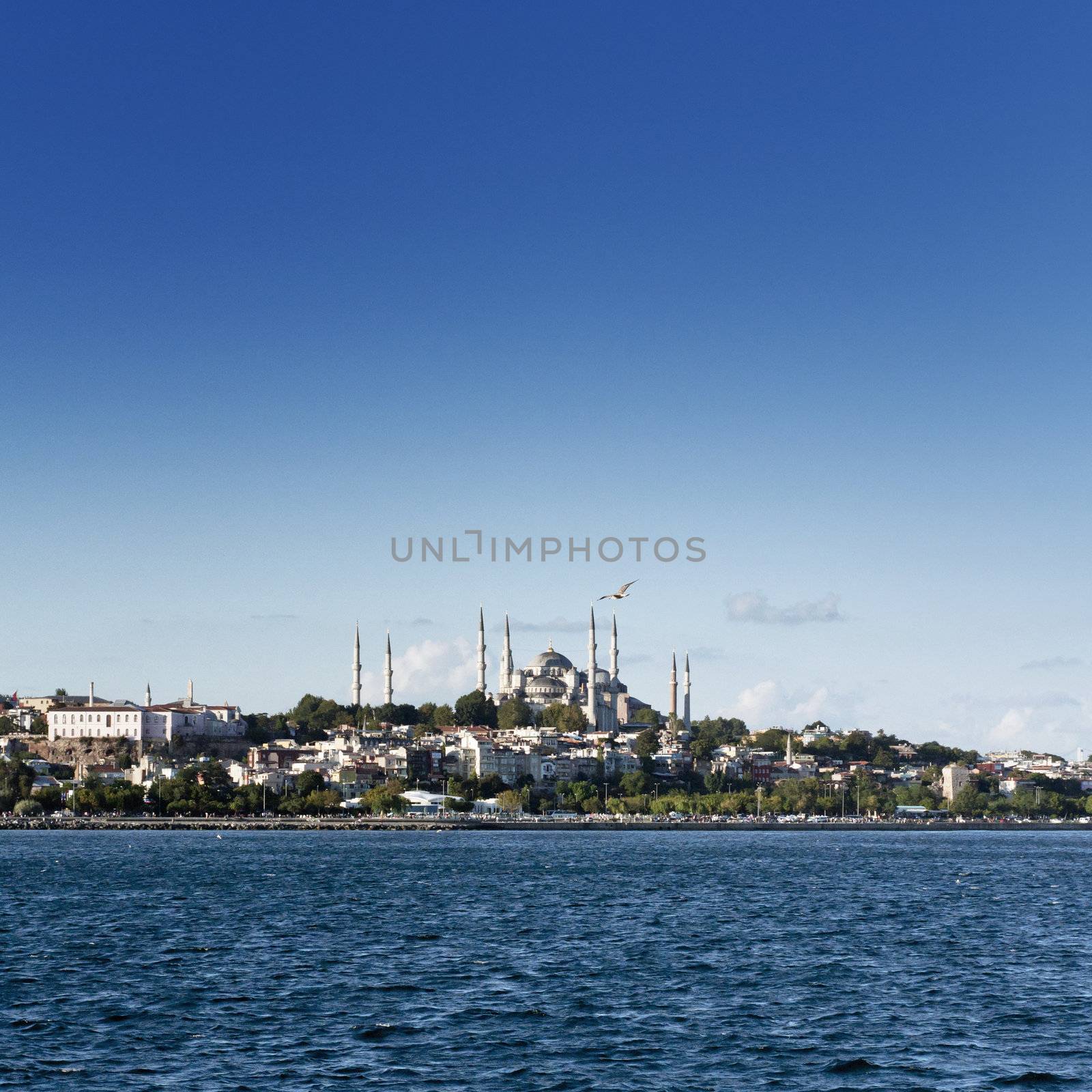 Sultanahmet (the Blue Mosque) under a blue sky and cloudscape in the background, taken from the sea