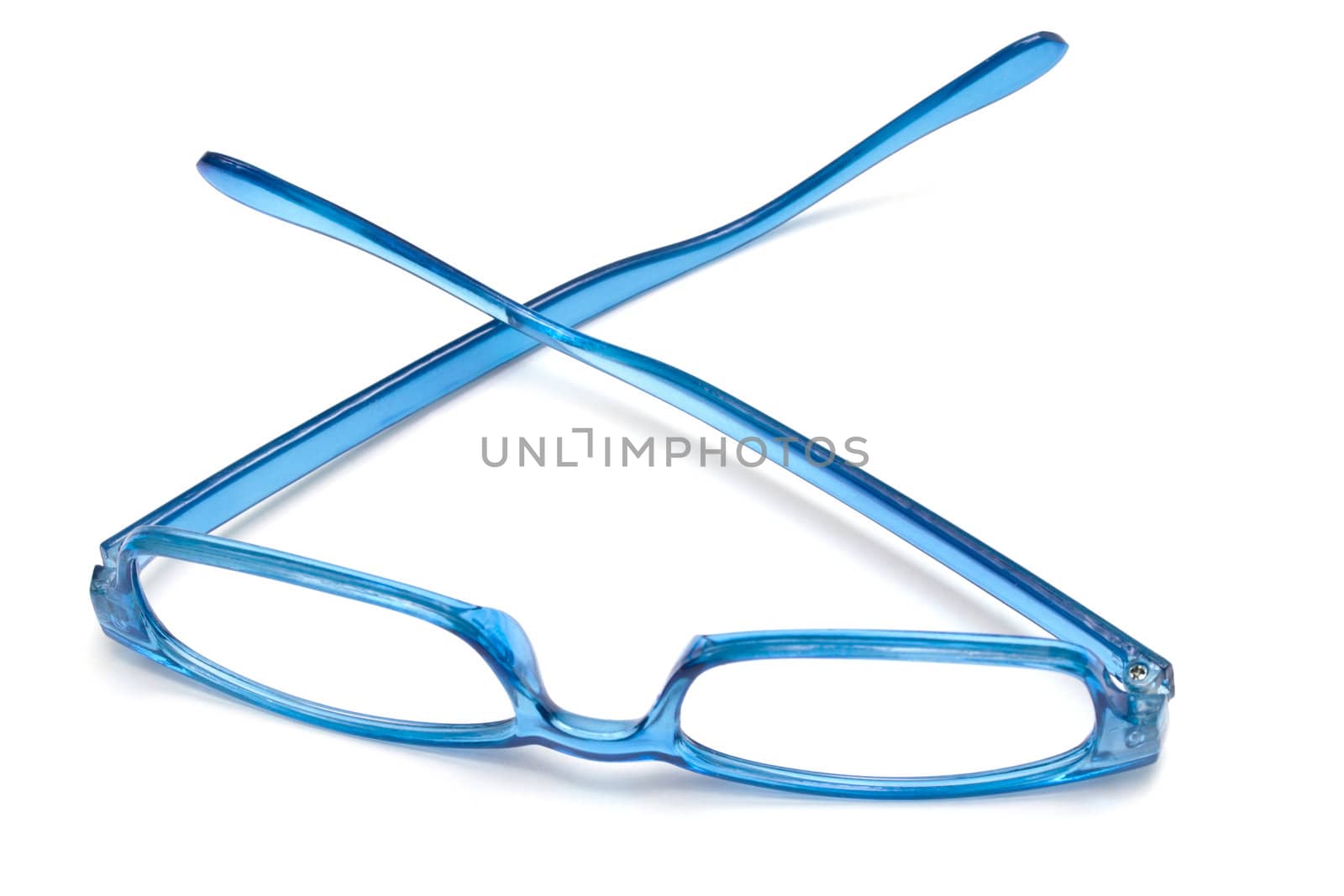 Beautiful blue glasses closeup on white background 
