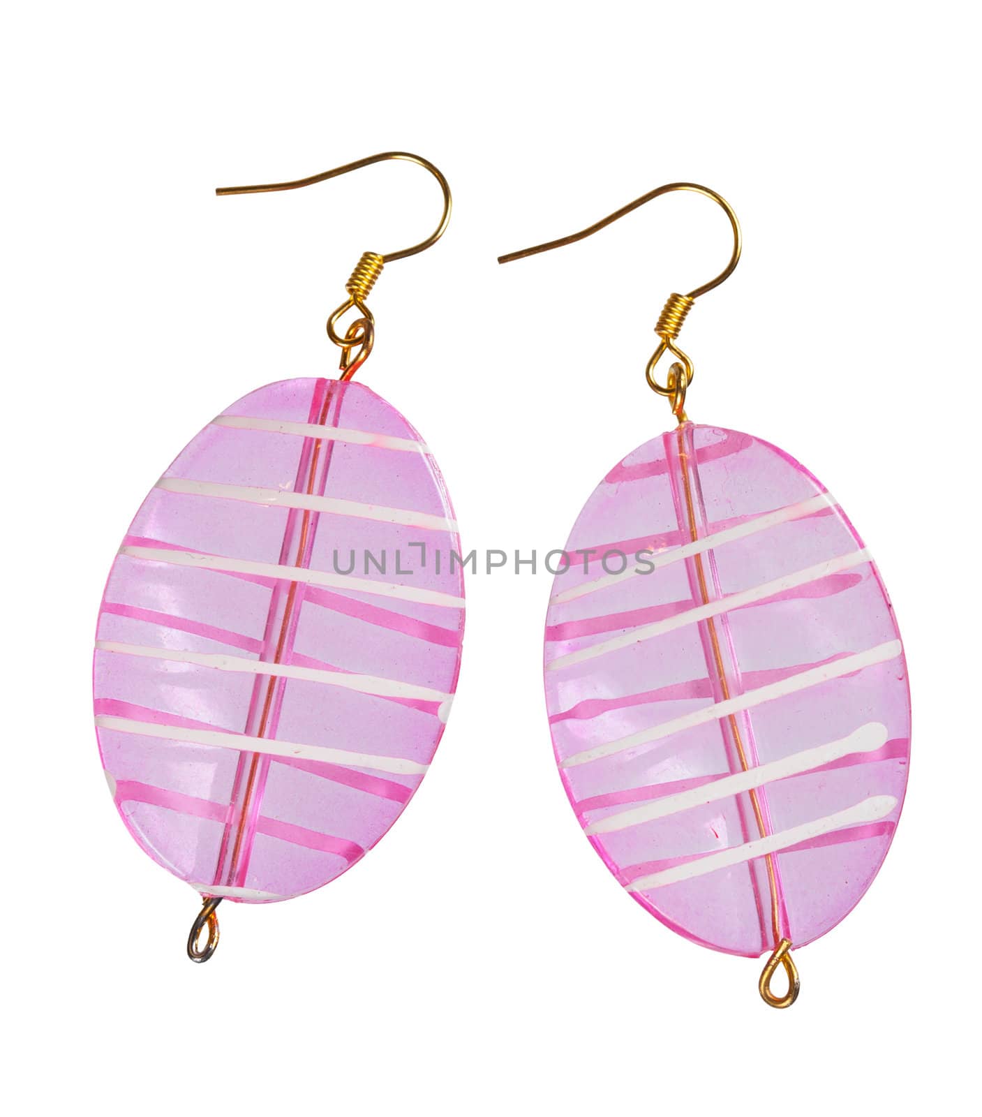 Earrings glass oval. Transparent color is purple. Isolated on white background