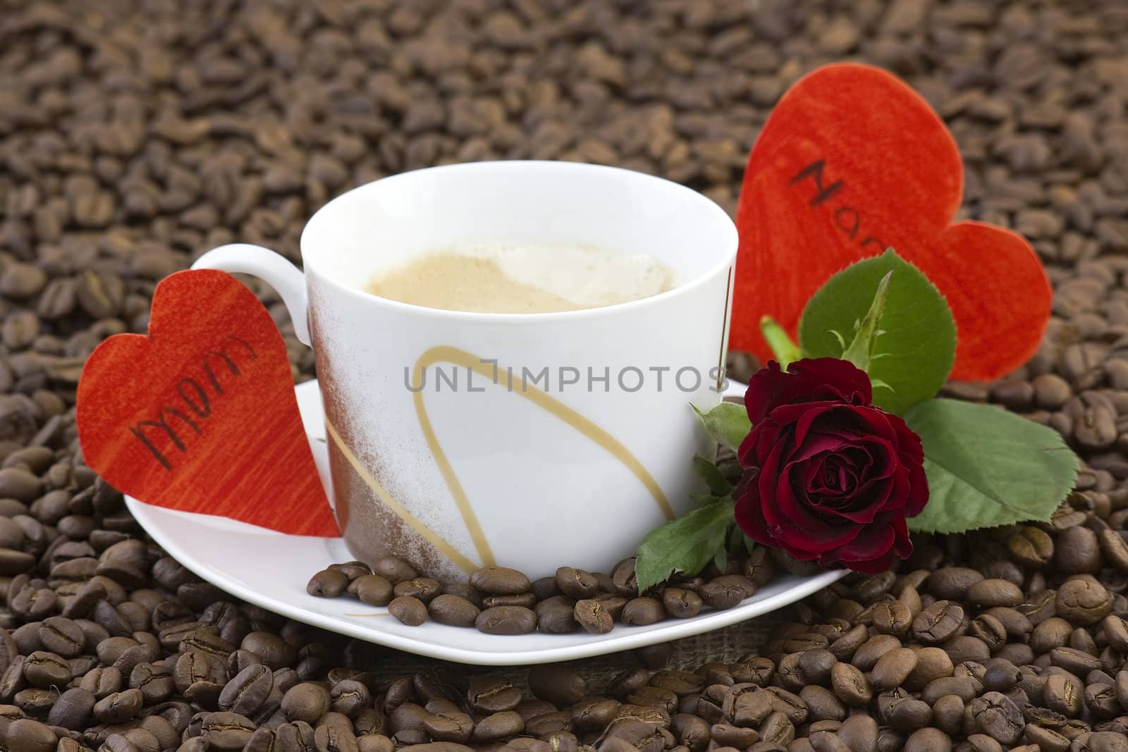 cup of coffee, red rose and hearts