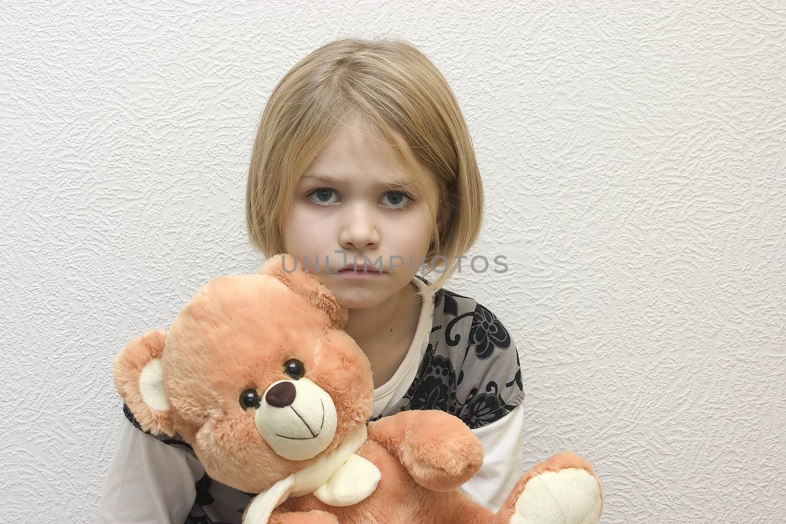 little girl with toy bear by miradrozdowski