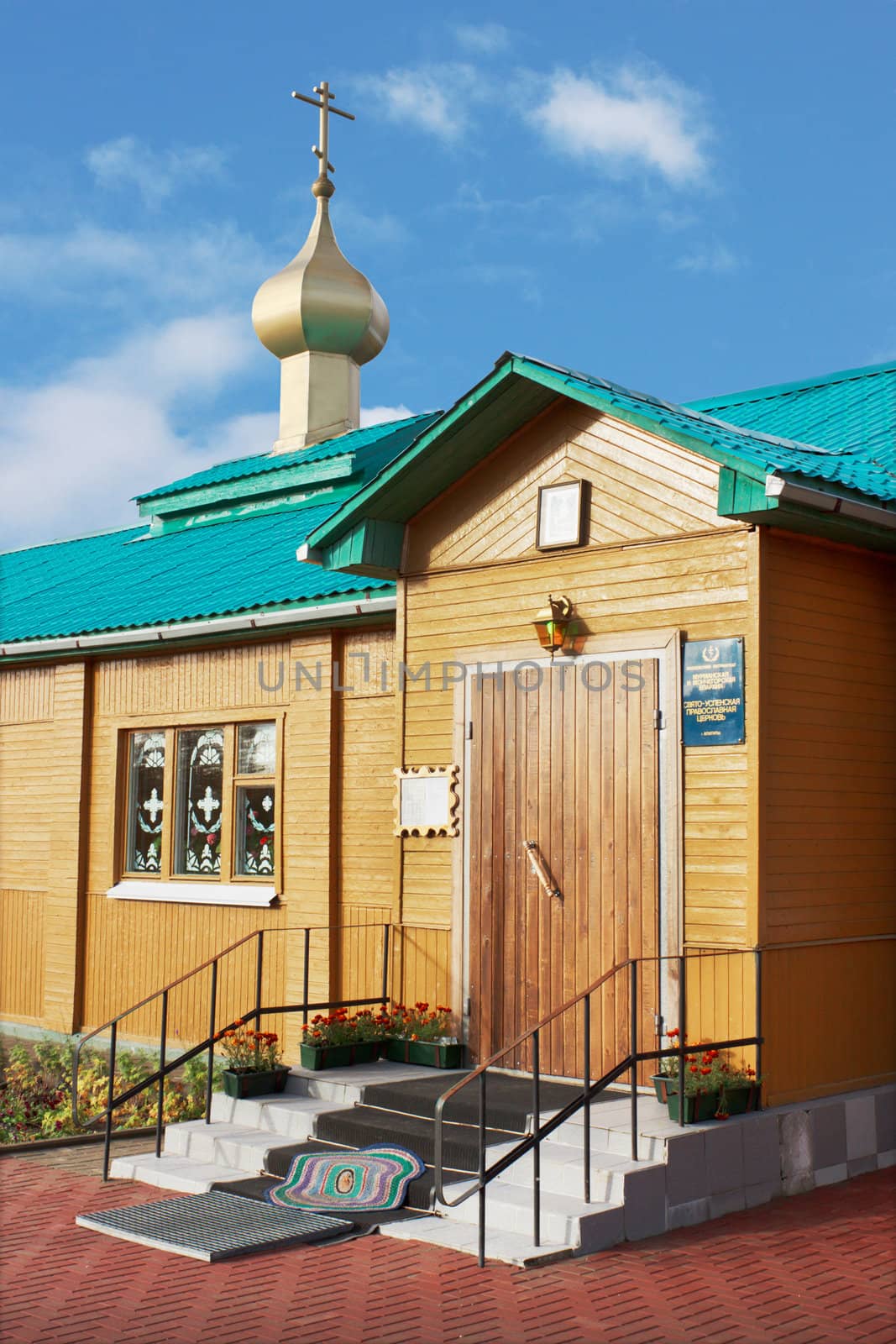 The entrance to the Holy-Dormition Church in the town of Apatity. Russia