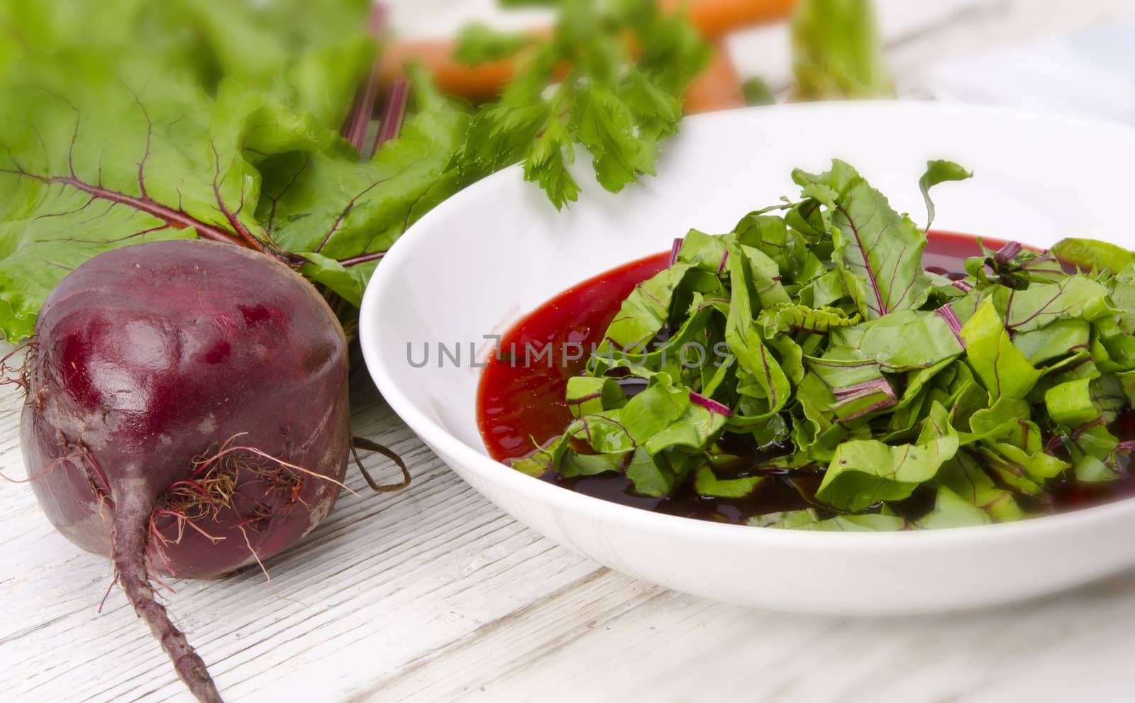 Vegetable soup from young, fresh sheets of the beetroot