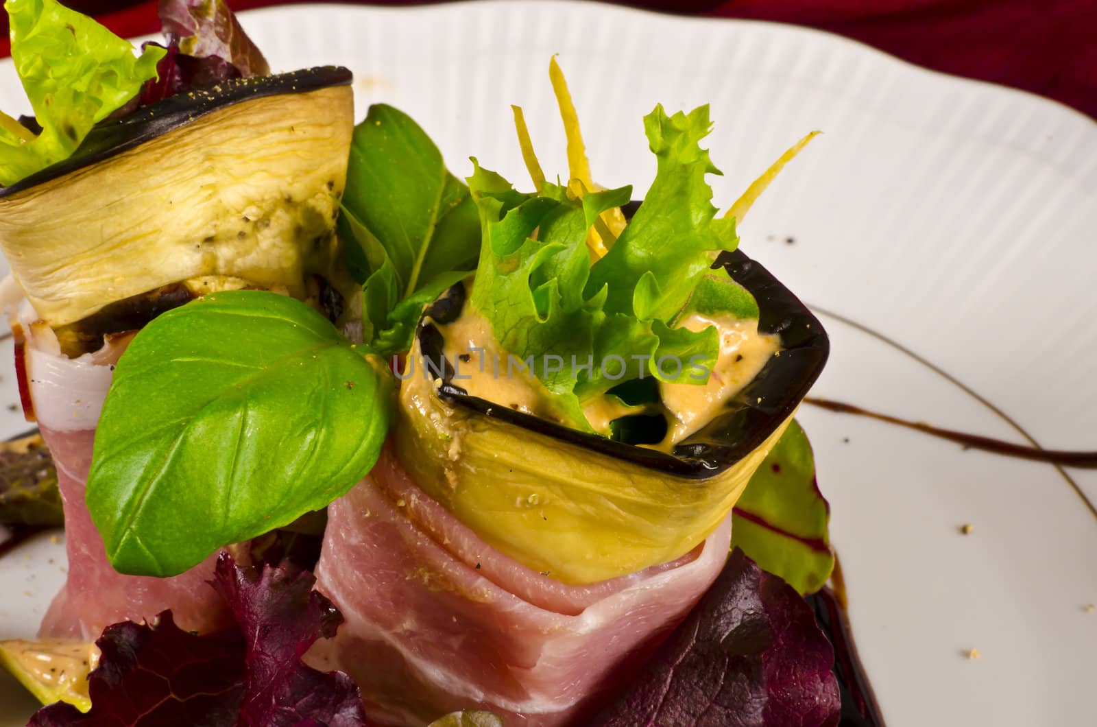 Aubergine beefs olive with Parma ham