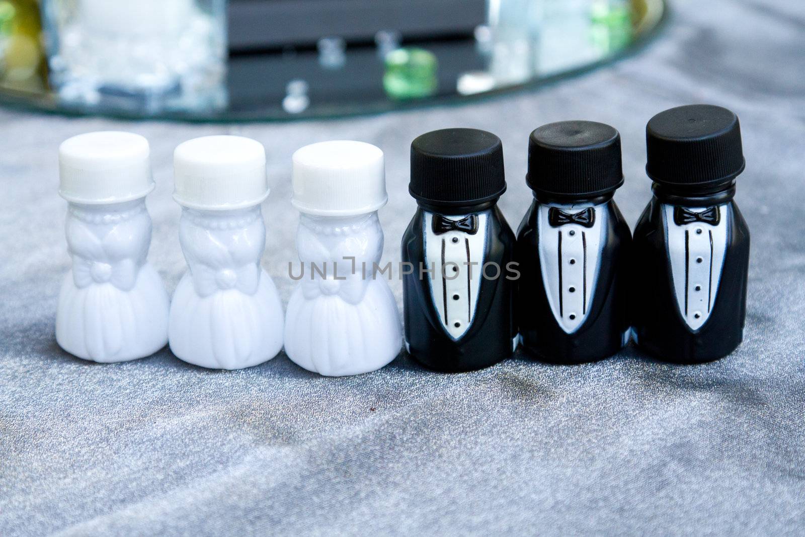 These party favors are containers of bubbles at a wedding. The photographs here represent the bridal party lined up together.