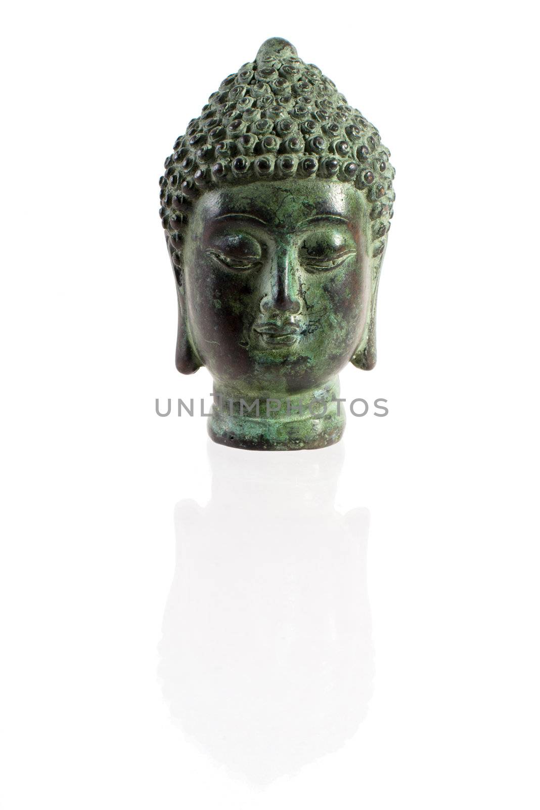 Buddha portrait isolated on a white background with great shadows